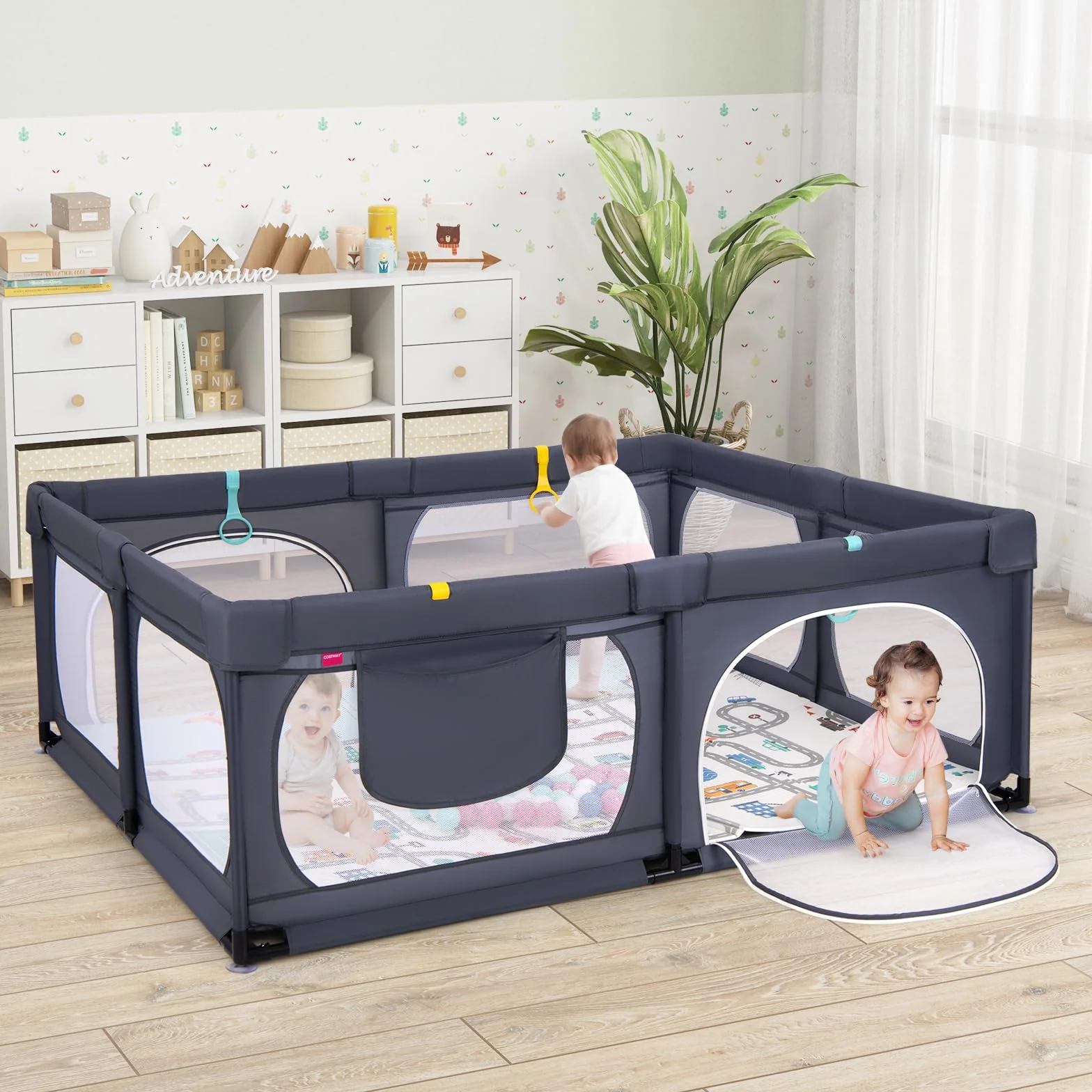 COSTWAY Kojec dla niemowląt składany z materacem 189 x 158 cm, kojec dla dzieci z 50 piłkami do zabawy i 4 uchwytami, kojec do raczkowania, namiot z oddychającą siatką dla małych dzieci (ciemnoszary)