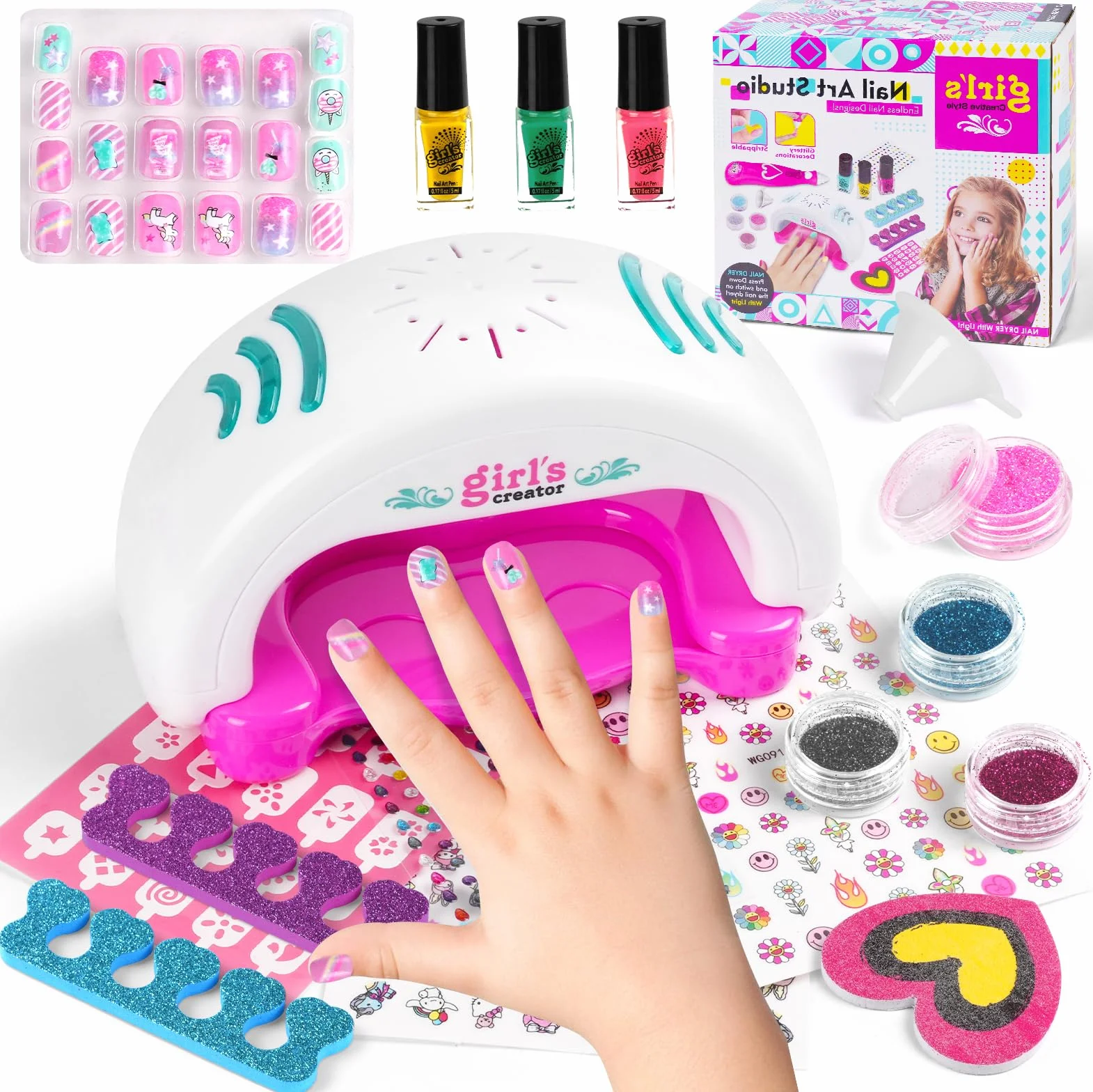 Aomig Zestaw do manicure dla dziewczyn, zestaw farb do paznokci, zestawy do salonu Manicure dla dzieci z suszarką do paznokci naklejki brokatowe pilniki do paznokci na urodziny Boże Narodzenie Dzień