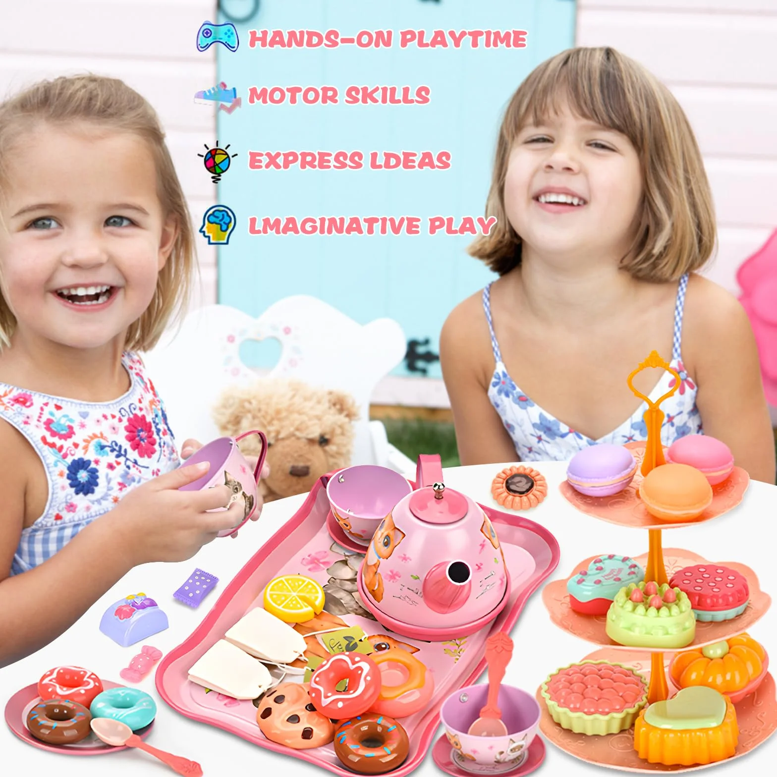 ZLPBAO 48 sztuk Zestaw do herbaty dla dzieci, zastawa stołowa dla lalek Zestaw kuchenny dla dzieci z blaszanym czajnikiem, Kitchen Tea Party
