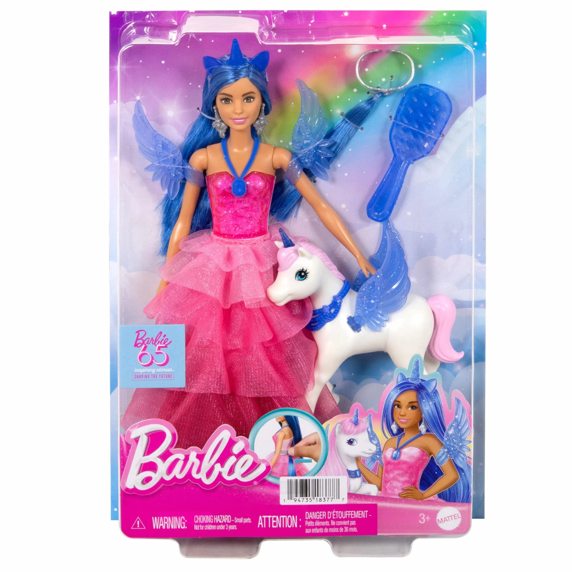 Barbie Sapphire Skrzydlaty jednorożec Lalka 65 rocznica z niebieskimi włosami, różową suknią i akcesoriami, takimi jak szafirowe skrzydełka i jednorożec ze skrzydłami, HRR16