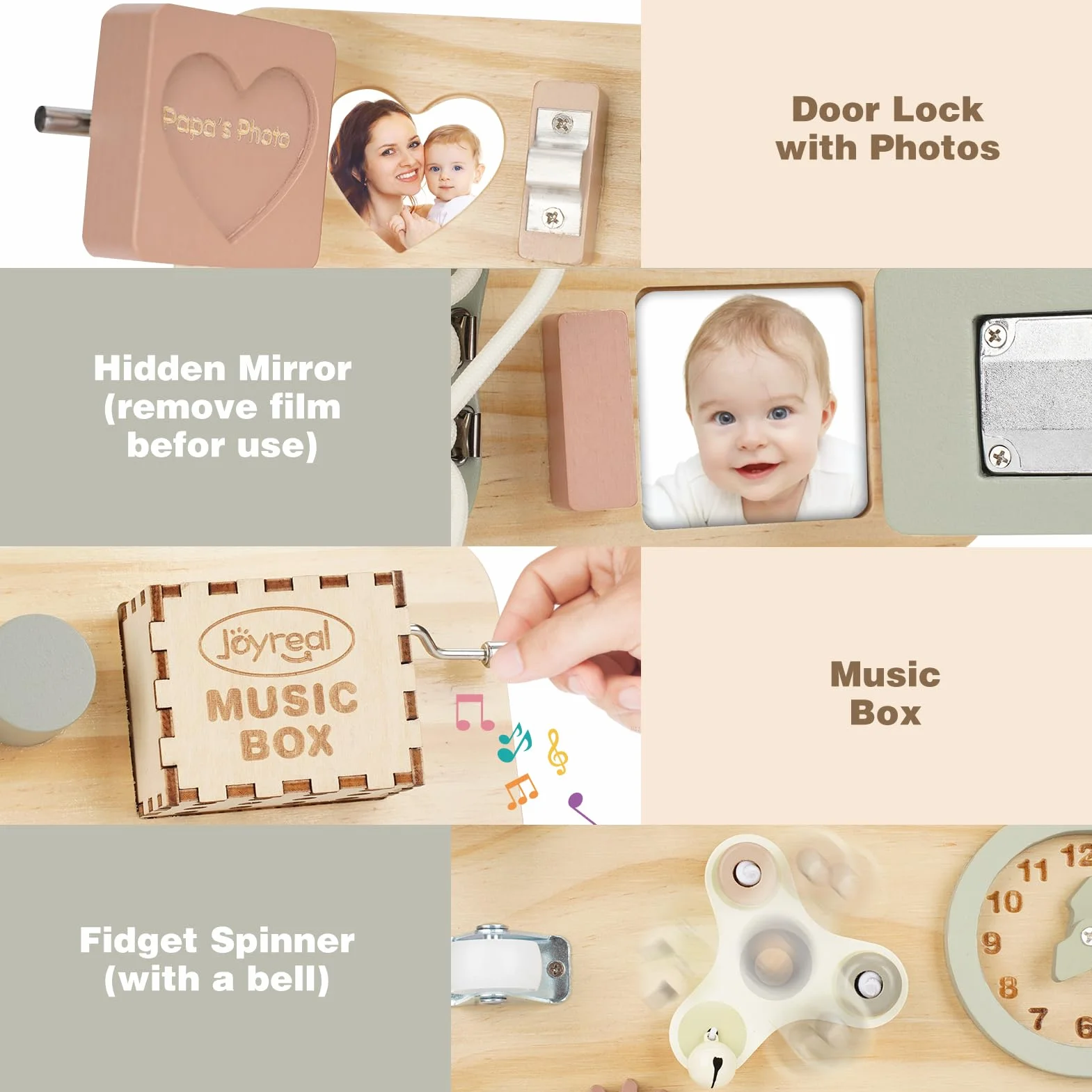 Joyreal Duża drewniana tablica aktywności dla maluchów - Tablica aktywności Montessori, sensoryczne zabawki, zabawka do gry, zabawka podróżna na samolot, zabawka na drobne umiejętności motoryczne