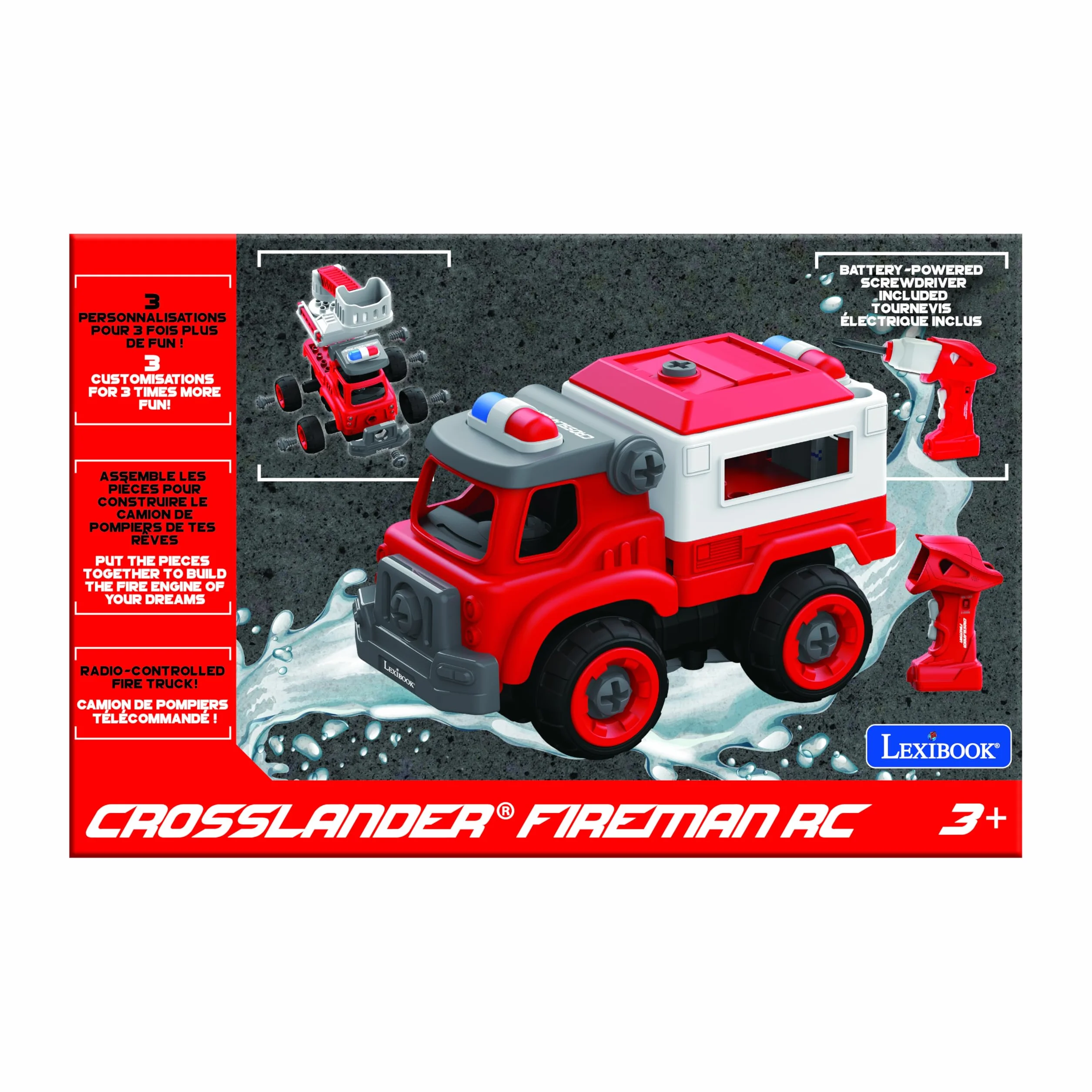 Lexibook, Crosslander Fireman Rc, Zdalnie Sterowany Wóz Strażacki do Złożenia, 3 Możliwe Konstrukcje, 33 Części, w Zestawie Śrubokręty Elektryczne i Ręczne, RCP25