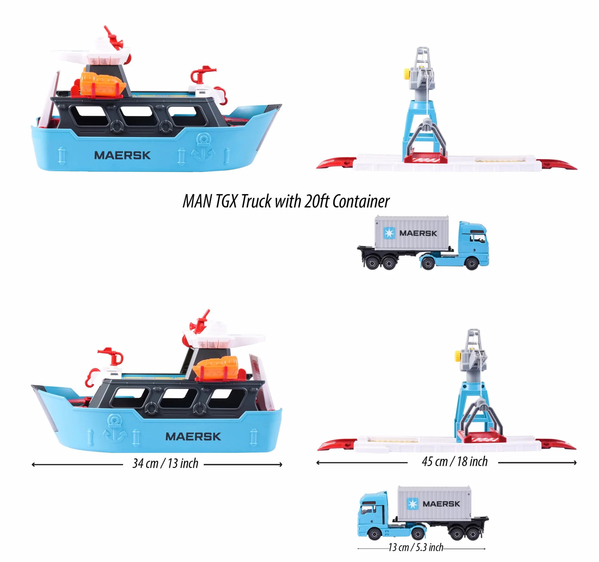 Majorette 212050039 Maersk zestaw łódź 52cm, stacja portowa, ruchomy dźwig z platformą ładunkową, 2 łodzie ratownicze, 1 metalowy pojazd oraz 1 kontener