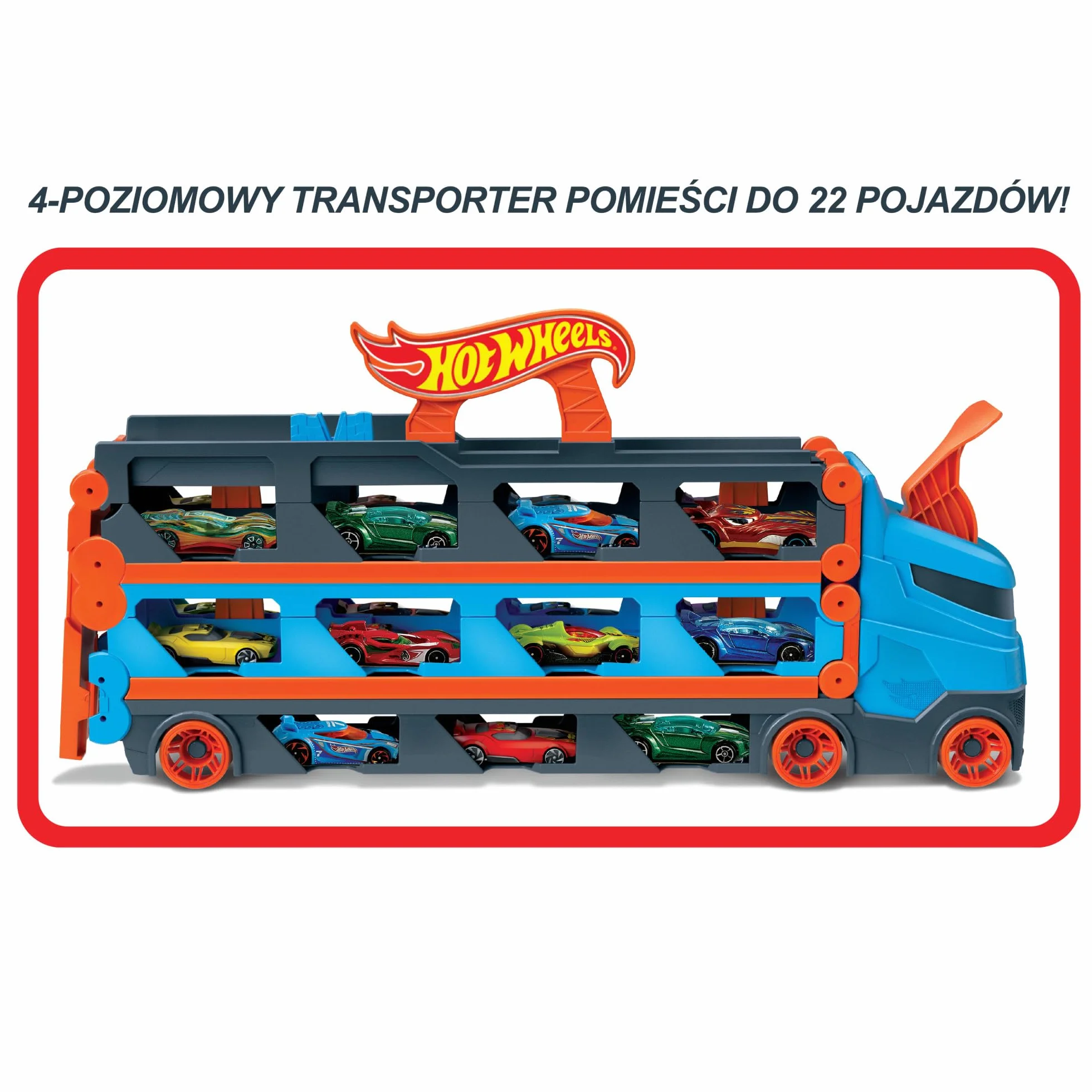 Hot Wheels - Wyścigowy transporter 2w1 z 3 samochodzikami w skali 1:64 i rozkładanym torem wyścigowym o długości 1,8 m oraz miejscem na 20 pojazdów; dla dzieci w wieku od 4 do 8 lat, HGH33