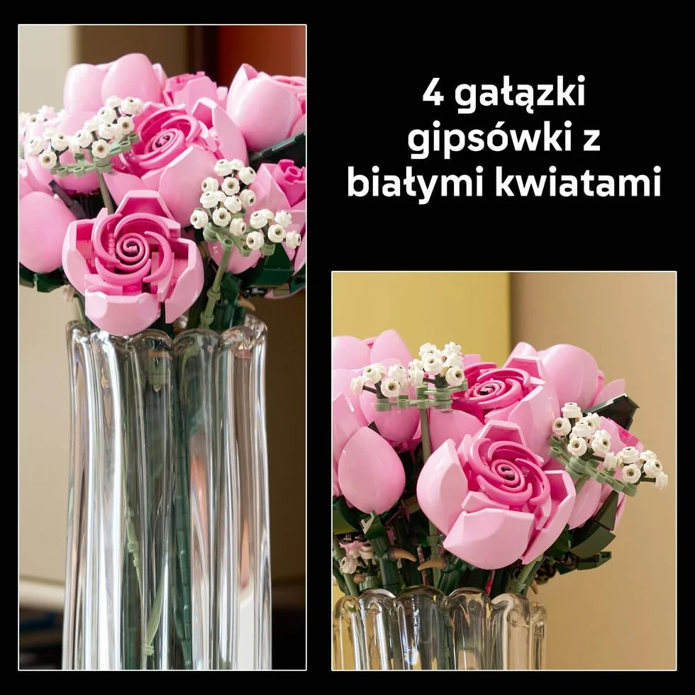 LEGO Botanicals Bukiet różowych róż, sztuczne kwiaty do zbudowania, pomysł na prezent na Dzień Matki, walentynki lub urodziny, dla kobiet i mężczyzn, kwiatowa dekoracja do domu i biura 10374