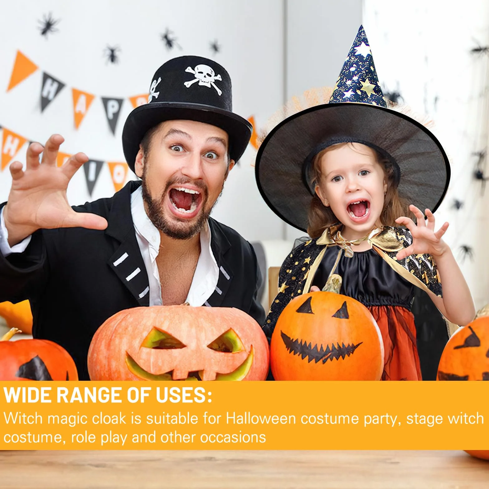Kapelusz i peleryna czarodziejki, peleryna czarownicy z kapeluszem, peleryna maga dziecięca, peleryna dyniowa Halloween, płaszcz czarownicy, peleryna czarodziejska