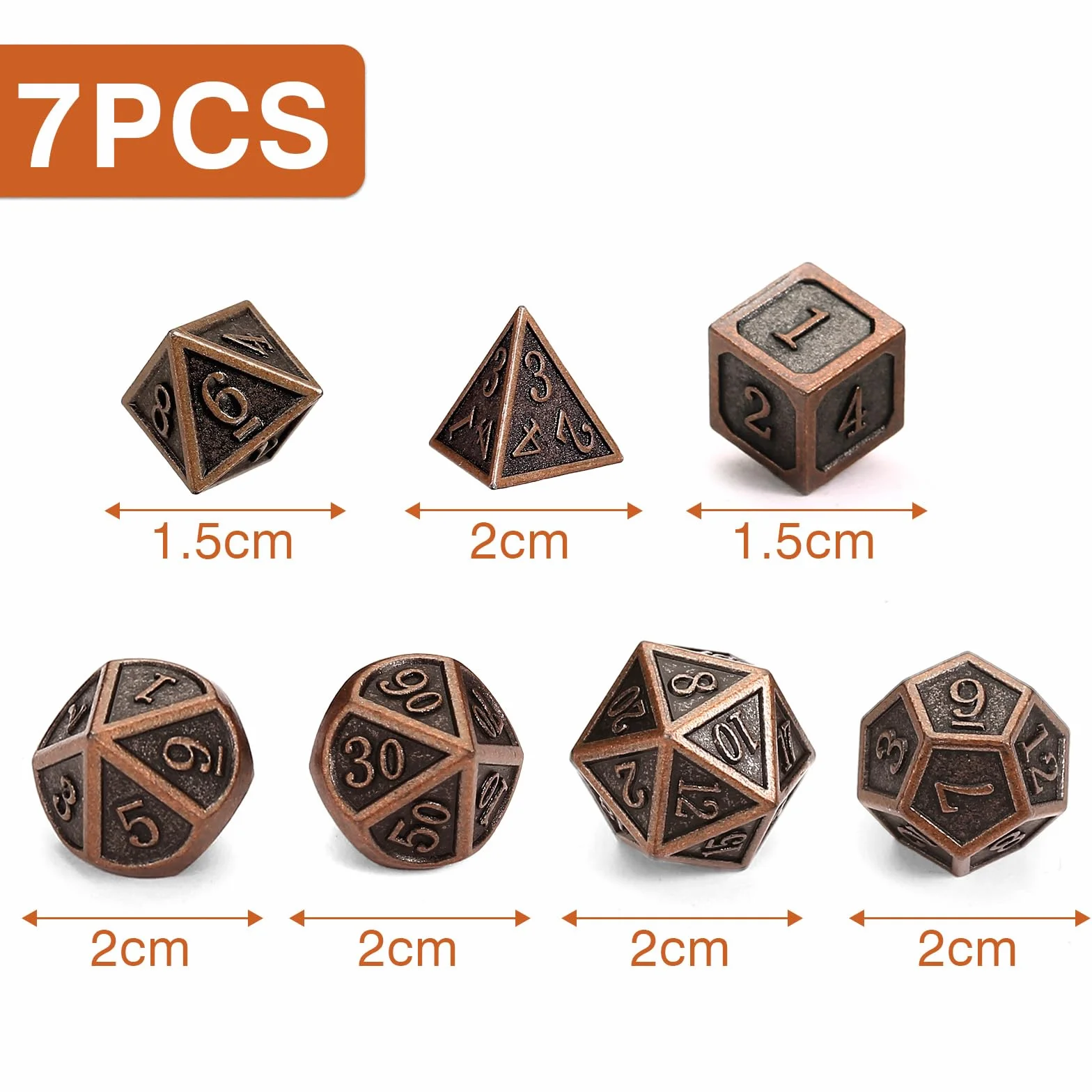GWHOLE 7 sztuk wielościennych kostek metalowych do DND RPG MTG, antyczna miedź
