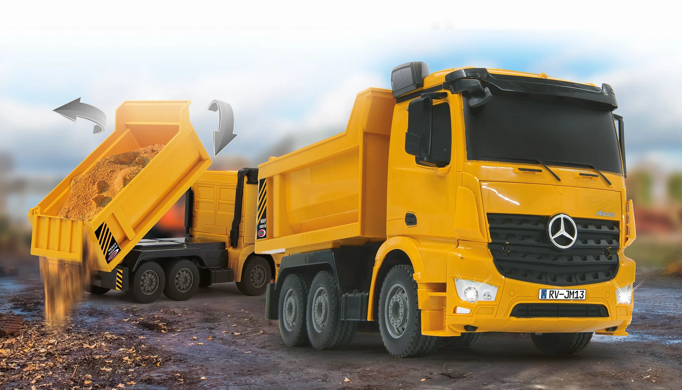 JAMARA 405108 – wywrotka Mercedes Arocs 1:26 2,4 G – wgłębienie uchylne w górę/w dół, światło z przodu, profilowane gumowe opony