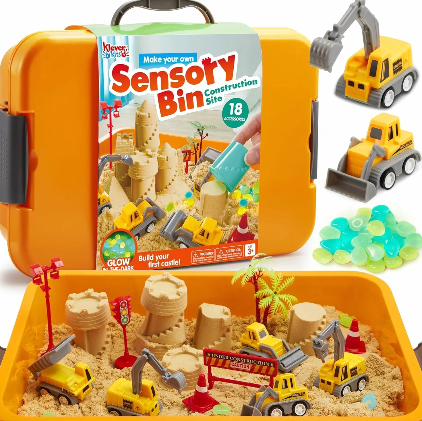 Klever Kits Construction Sensory Bin for Toddlers with Glow in The Dark Stones, Sandbox with Lid Castle Building kit, Preschool Learning Activities Gifts for Boys Girls Age 3+ by JOVA
