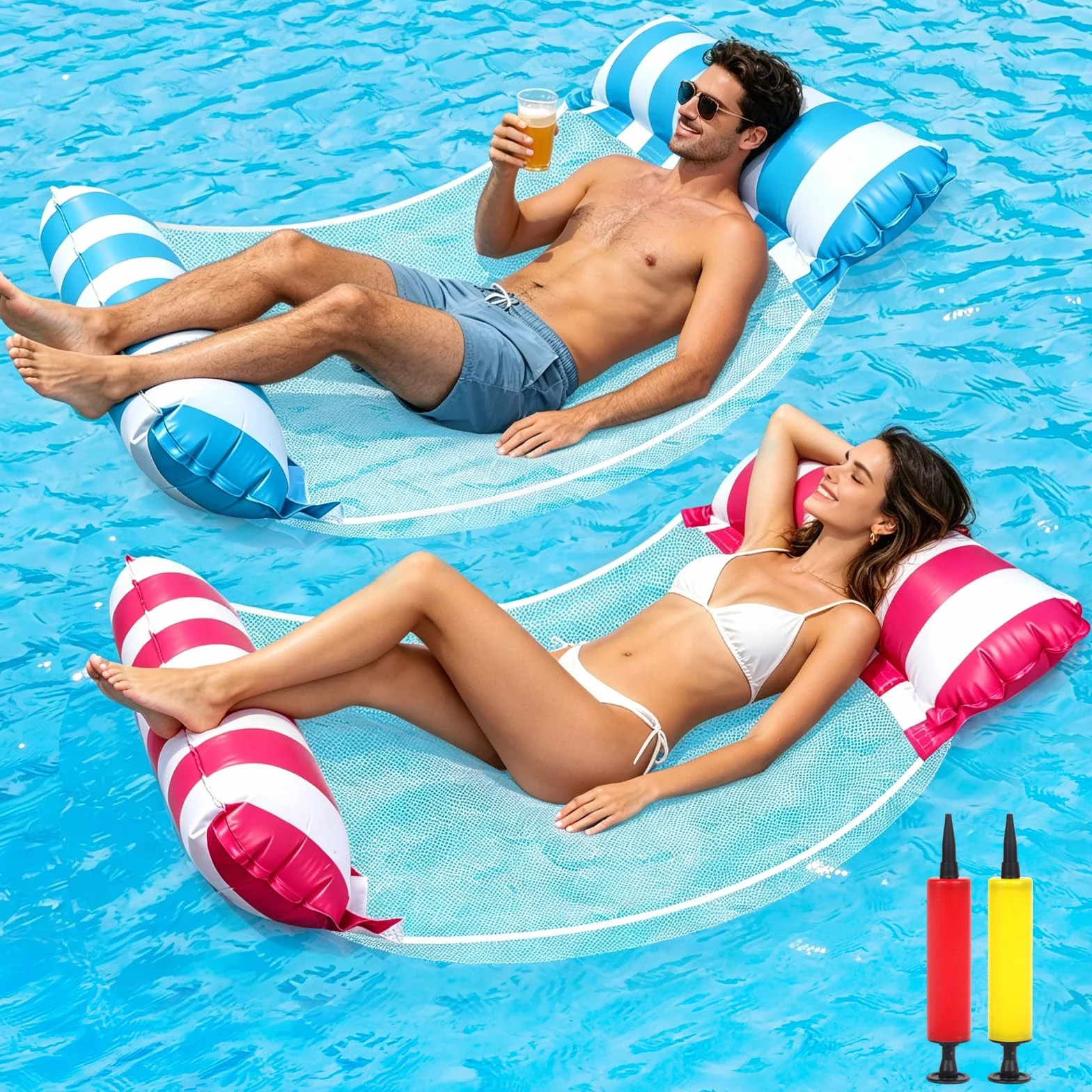 Materac dmuchany do basenu, 2 sztuki, XL materac dmuchany z 2 pompkami, nadmuchiwany hamak wodny, 4 w 1, zabawka do basenu, zabawka wodna dla dorosłych, dzieci, na basen, na plażę