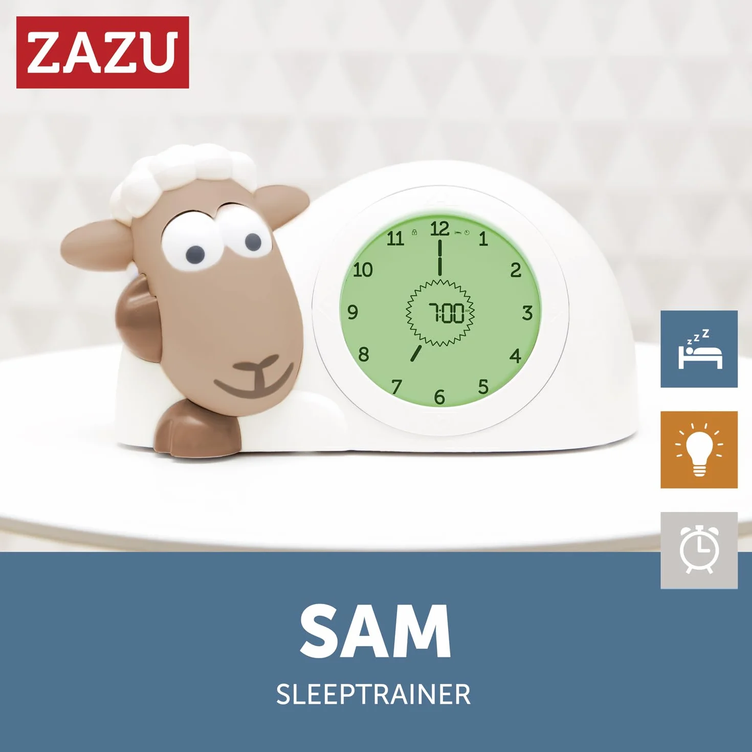 Zazu Sam The Lamb zegar do trenera snu i lampka nocna dla dzieci, regulowana jasność, automatyczne wyłączanie, brązowy