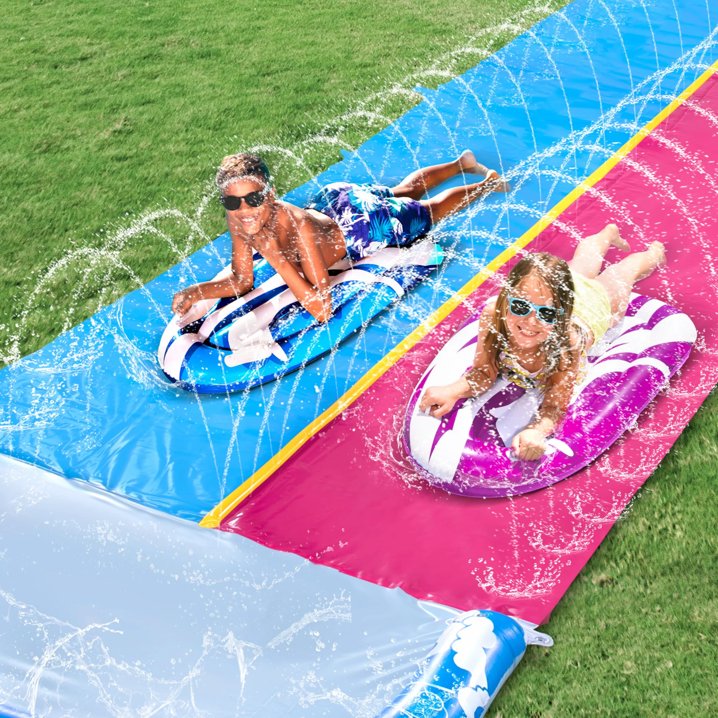 JOYIN Zestaw 2 nadmuchiwanych bodyboardów do zjeżdżalni wodnych, dla dzieci, do nauki pływania, latem, zabawy dla dzieci (niebieskie i fioletowe)