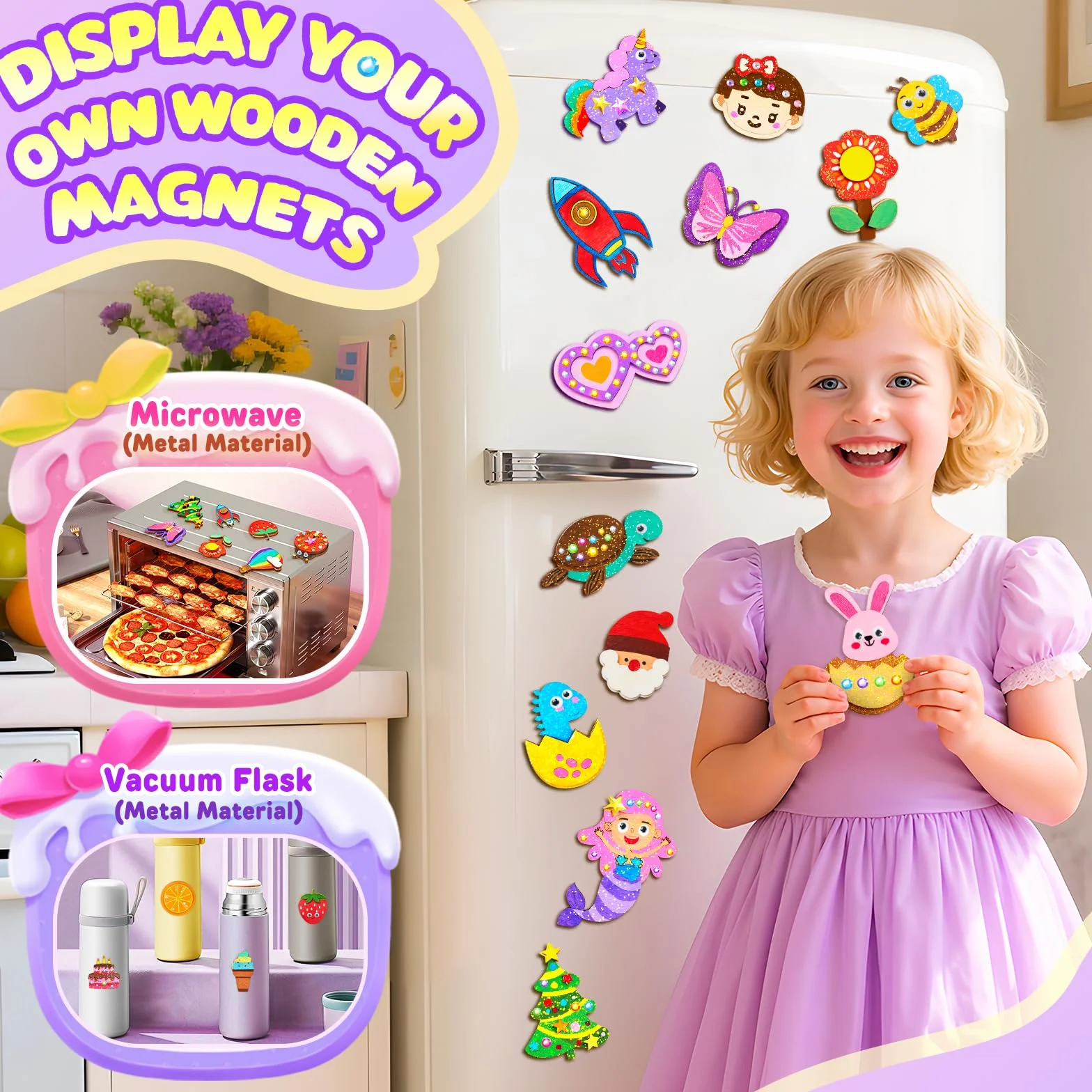 CGBOOM Zestaw do malowania dla dzieci, zestaw do majsterkowania, 32 sztuki, magnesy na lodówkę, do malowania i majsterkowania, drewniane magnesy, malowanie, prezent dla dziewczynek i chłopców od 3, 4