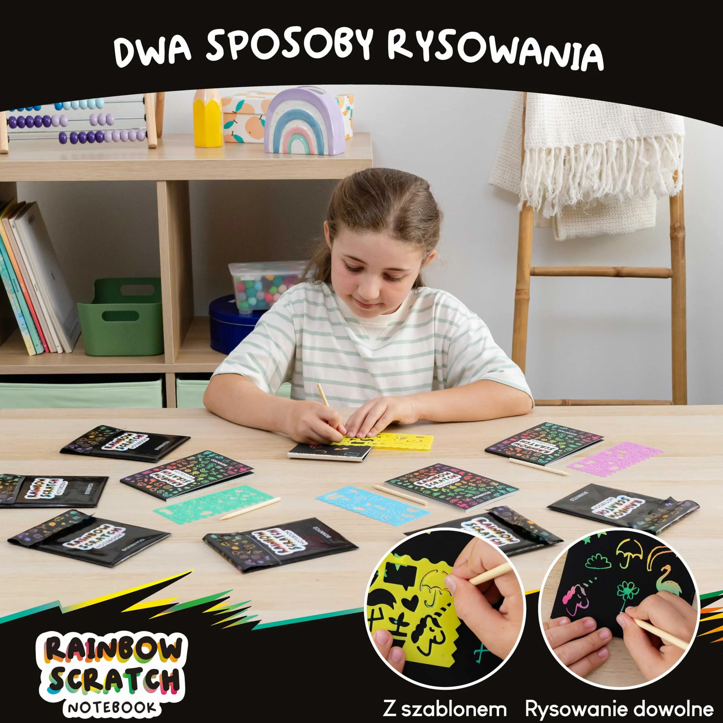 BONNYCO Tęczowe Zdrapki dla Dzieci, 16 Zestawów z Notesem, Szablonem i Drewnianym Patyczkiem. Upominki, Nagrody Klasowe i Prezenty Koniec Roku 3-12 Lat