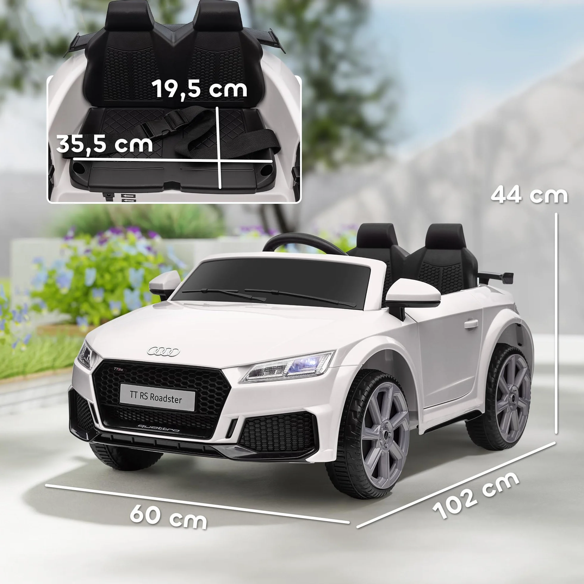 HOMCOM Elektryczny samochód dziecięcy Audi TT RS 12 V 30 W V. Maks. 3 km/h pilot zdalnego sterowania 2,4G Efekty dźwiękowe + światło białe