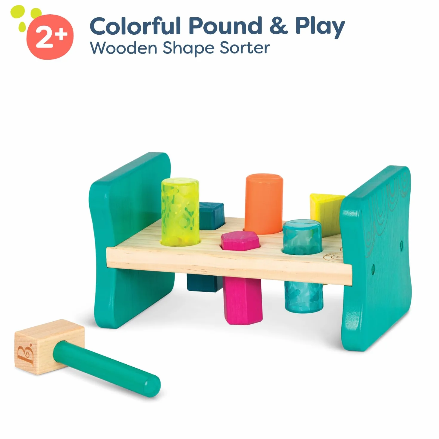 B. toys by Battat BX1762Z drewniana ławka do wbijania - 6 śledzi i młotek zabawkowy - zabawka do sortowania kształtów dla małych dzieci, dzieci - kolorowy funt i zabawa - 2 lata +