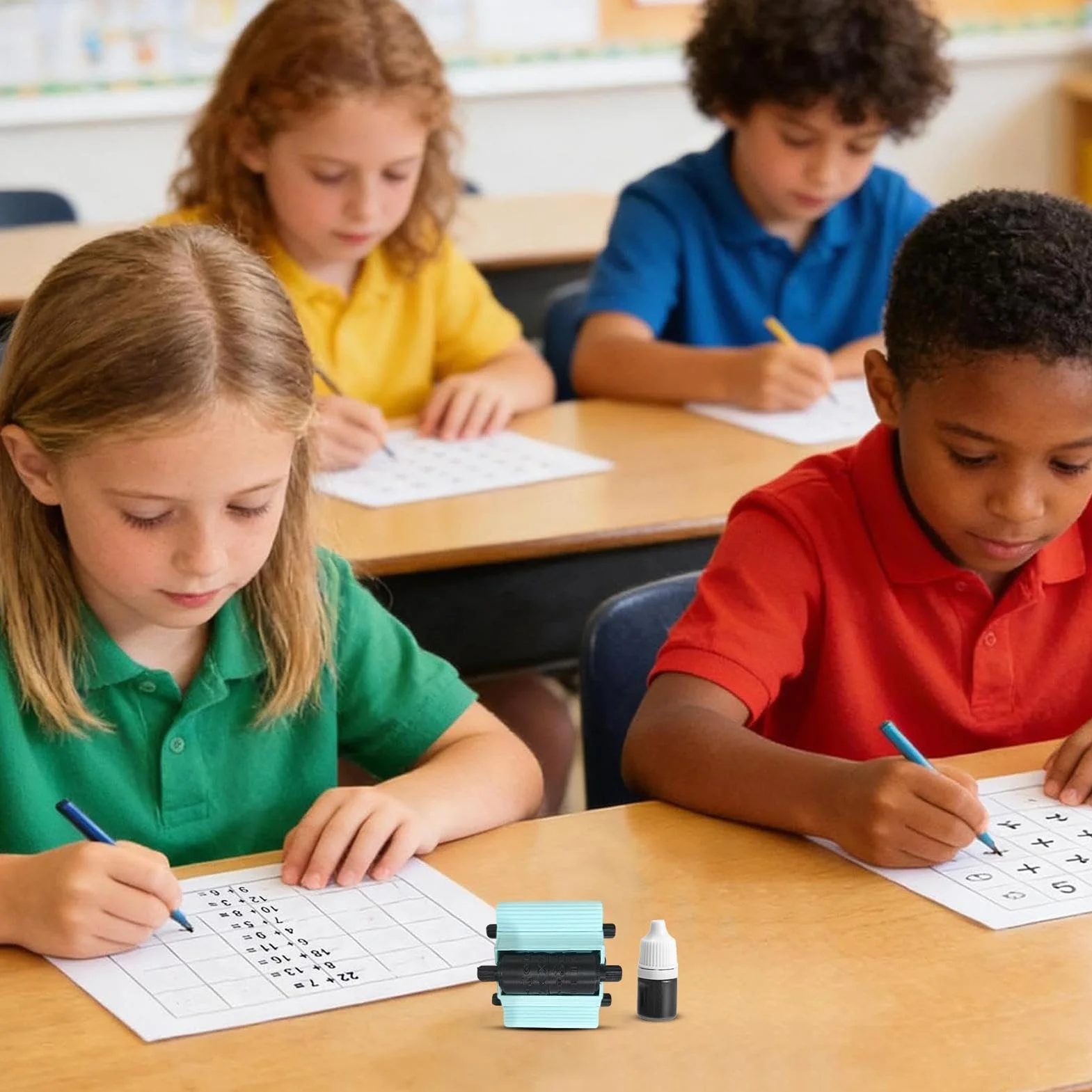 Zestaw pieczątek do zadań matematycznych, 4 w 1 Wałek do pieczątek dla nauczyciela matematyki, dodawanie, odejmowanie, mnożenie i wypełnianie pustych miejsc Narzędzie ćwiczeń w przedszkolu