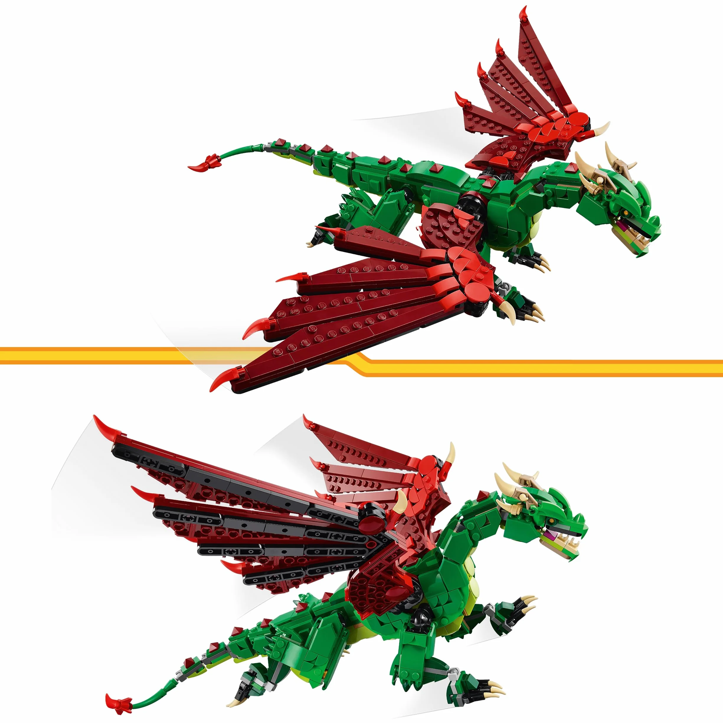 LEGO Creator 3 w 1 Średniowieczny smok, Zabawka Konstrukcyjna dla Dziecka do Przebudowania na Mityczne Stworzenia: Węża Morskiego lub Feniksa, Prezent dla 9-latka, Dziewczynki i Chłopca 31161