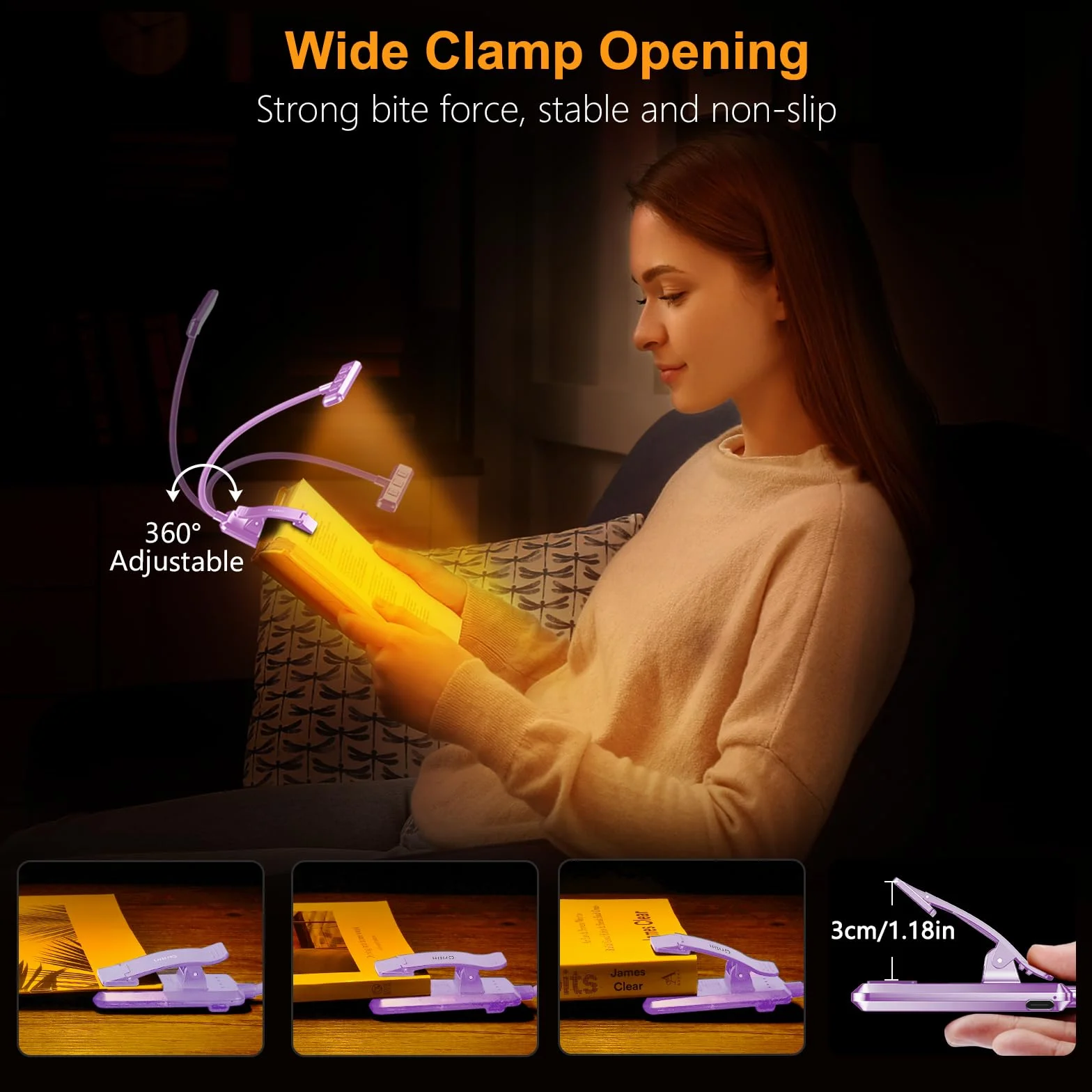 Gritin Lampka do Czytania 19 LED, Ładowana Przez USB, 3 Tryby Temperatury Barwowej, Długa żywotność baterii, Płynna Regulacja Jasności, Elastyczna Lampka Zaciskowa 360° do Czytania w Łóżku -Fioletowy