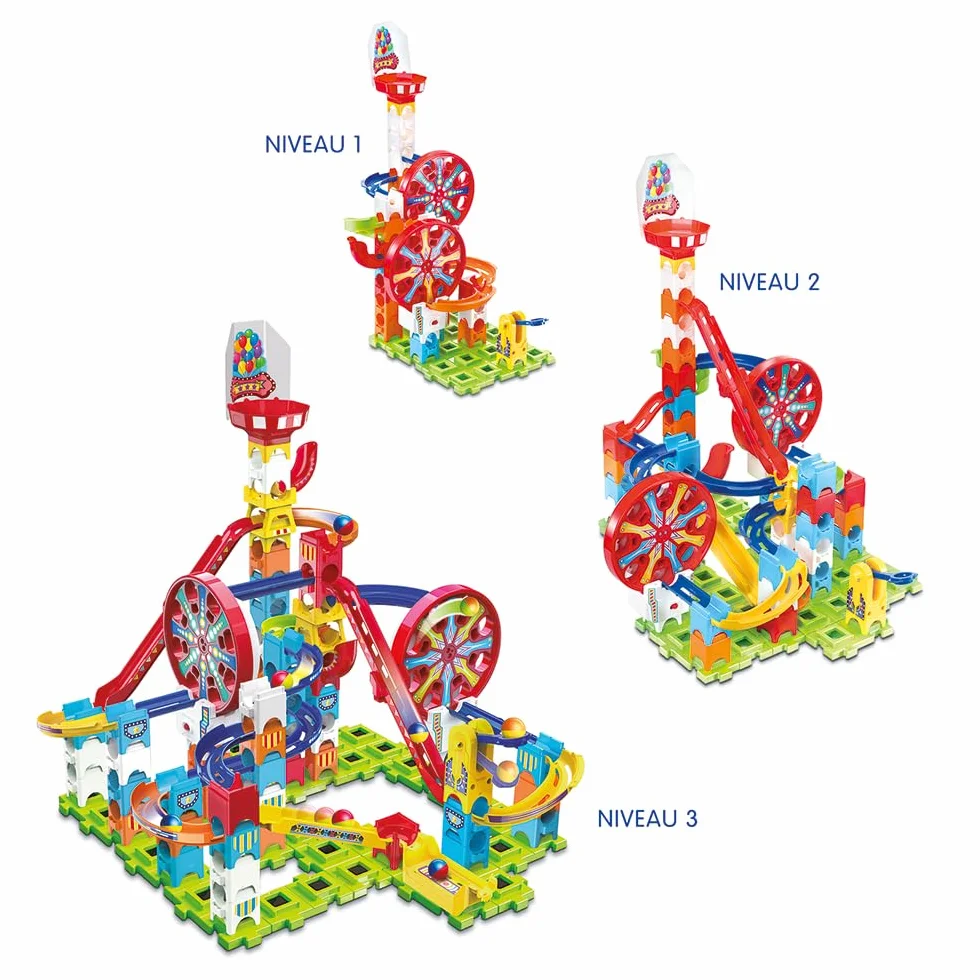 VTech - Marble Rush, elektroniczna wycieczka kulkowa Adventure Park Challenge L300E, zestaw konstrukcyjny, 96 sztuk, 10 kulek, prezent dla dzieci od 4 lat - Zawartość w języku francuskim