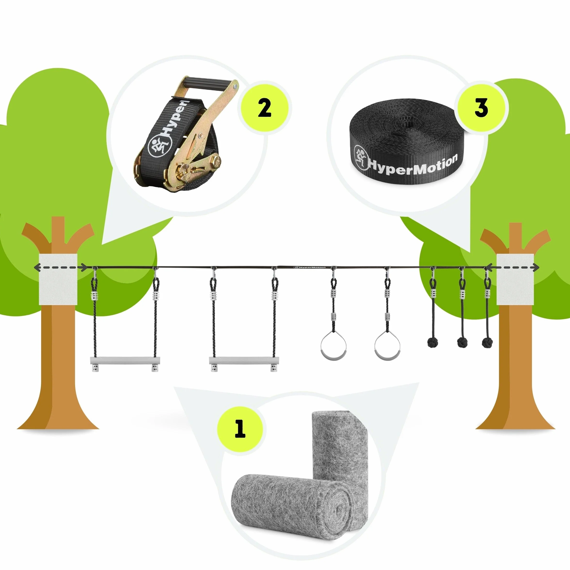 HyperMotion Tor Przeszkód Ninja Dla Dzieci Zestaw Slackline – 7 Przeszkód Z Kółkami Małpimi Pięściami I Drążkami – Udźwig Do 113 kg – Do Ogrodu – Outdoor Zabawa Ruchowa Dla Dzieci I Młodzieży
