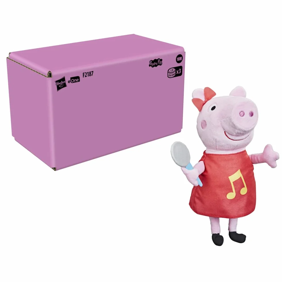 Peppa Pig Grunz-mit-Mir-Peppa, śpiewająca pluszowa lalka z czerwoną sukienką i kokardką, śpiewa 3 piosenki, nadaje się dla dzieci od 3 lat
