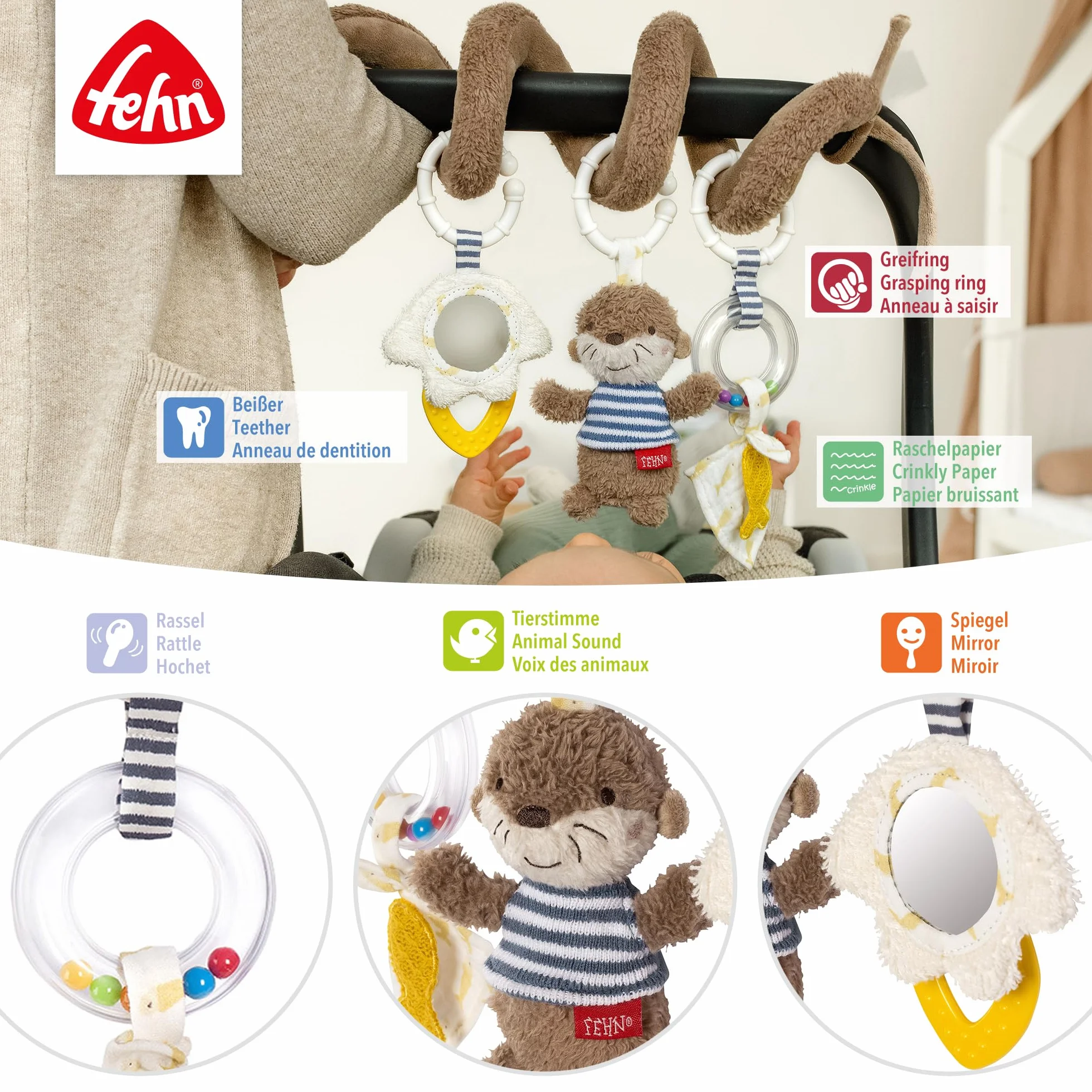Fehn Spirala Activity Otter – spirala z materiału z funkcjami uczenia się do chwytania, odczuwania, zabawy – wspomaga chwytanie, zmysł dotyku i motorykę – do domu i w podróży, dla niemowląt od, Wydra