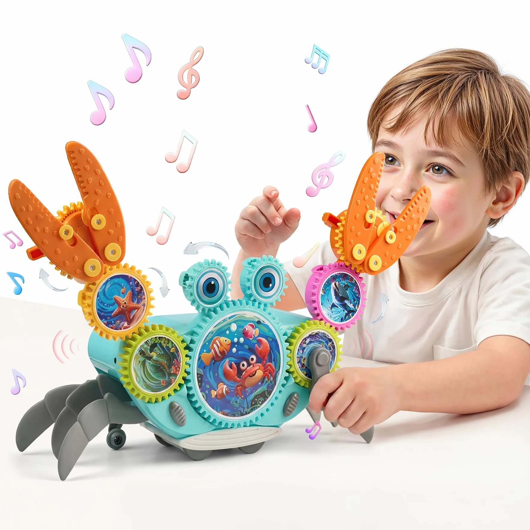 Klocki zębate krab, kreatywna zabawka konstrukcyjna z ruchem bocznym, muzyką i światłem, Montessori sensoryczna edukacyjna z wykrywaniem przeszkód, dla dzieci od 3 lat