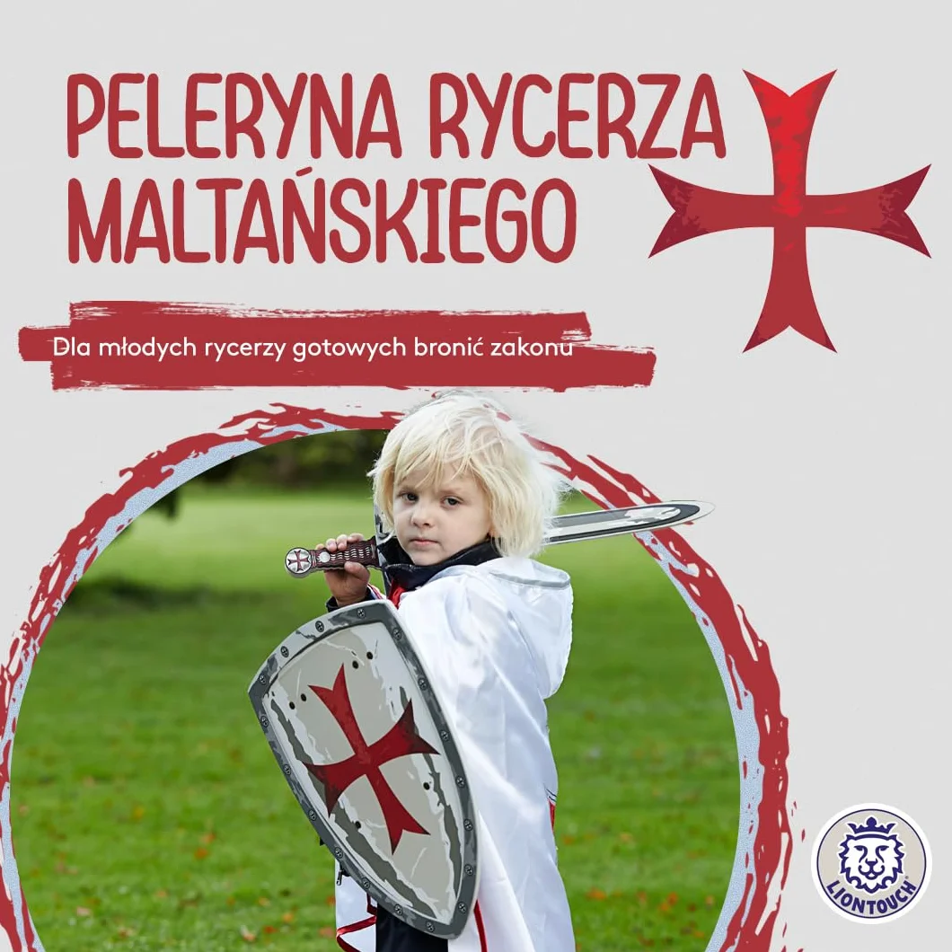 Liontouch Maltańska peleryna rycerza, średniowieczny płaszcz do zabawy dla dzieci z klasycznym motywem czerwonego krzyża, przebieranki, fantazyjne sukienki i kostiumy królewskie dla dzieci