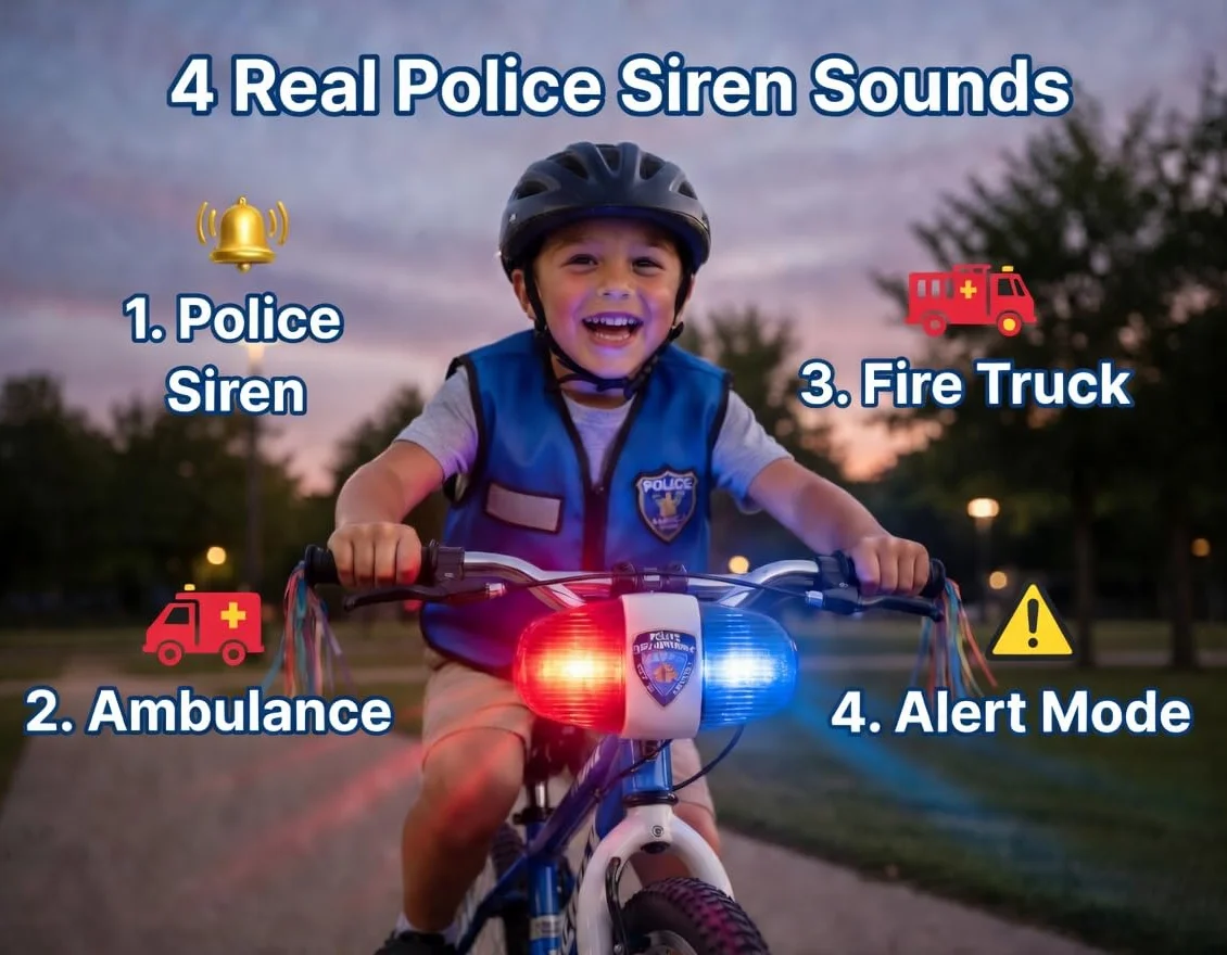Kids Bike Tech światło LED - Police Dźwięk Światło Elektroniczny Horn - Bicycle Syrena, 5 LED 4 Dźwięki trąbki światło