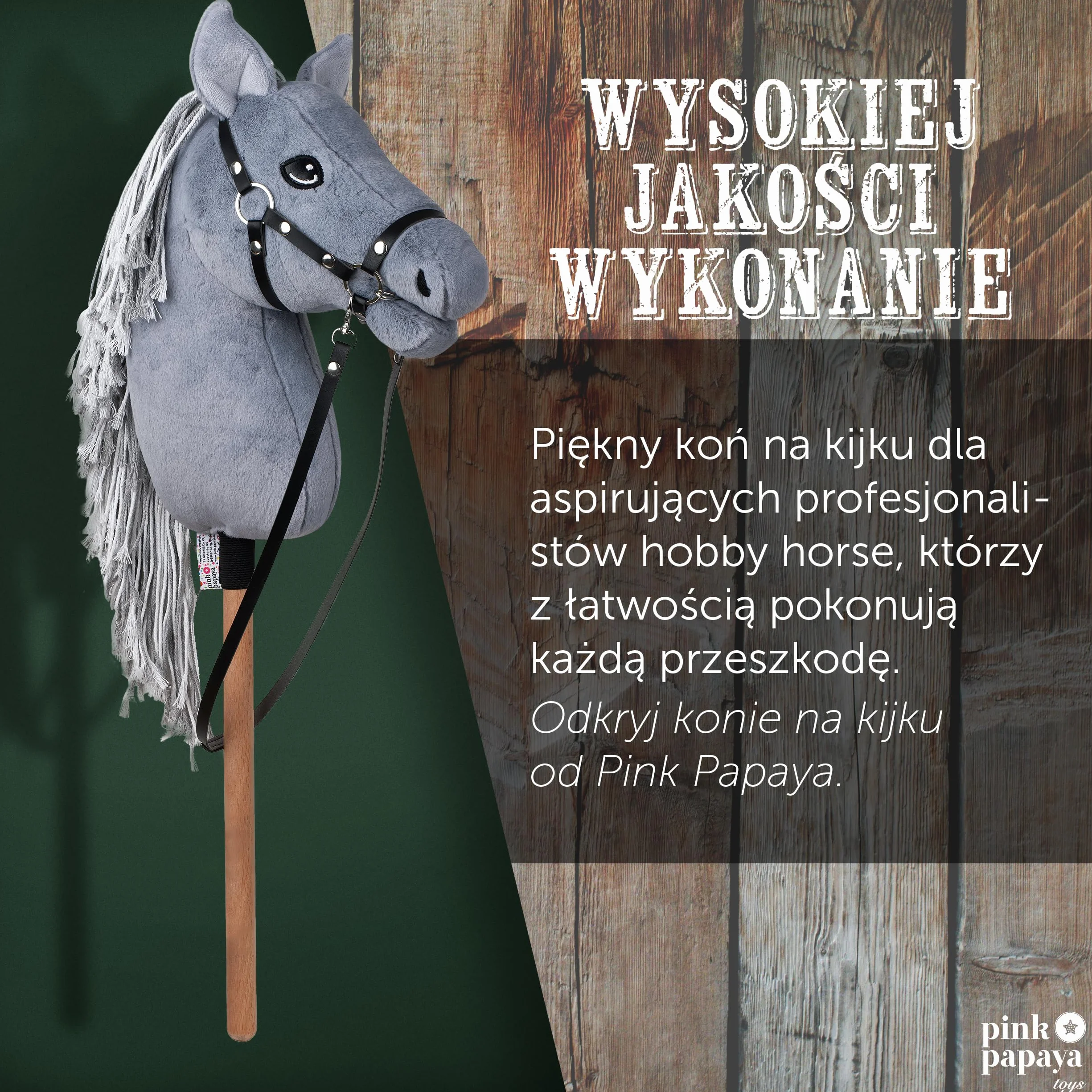 Pink Papaya Hobby Horse z uzda i trense, koń kijowy do hobby, konik do jazdy konnej dla dzieci