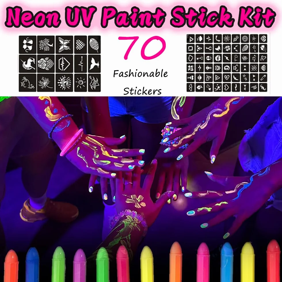 Farba fluorescencyjna UV, HISUNBEN 12 neonowych ołówków do twarzy i ciała, zmywalna, nietoksyczna farba neonowa UV, na festiwal, Mardi Gras, Halloween, do makijażu