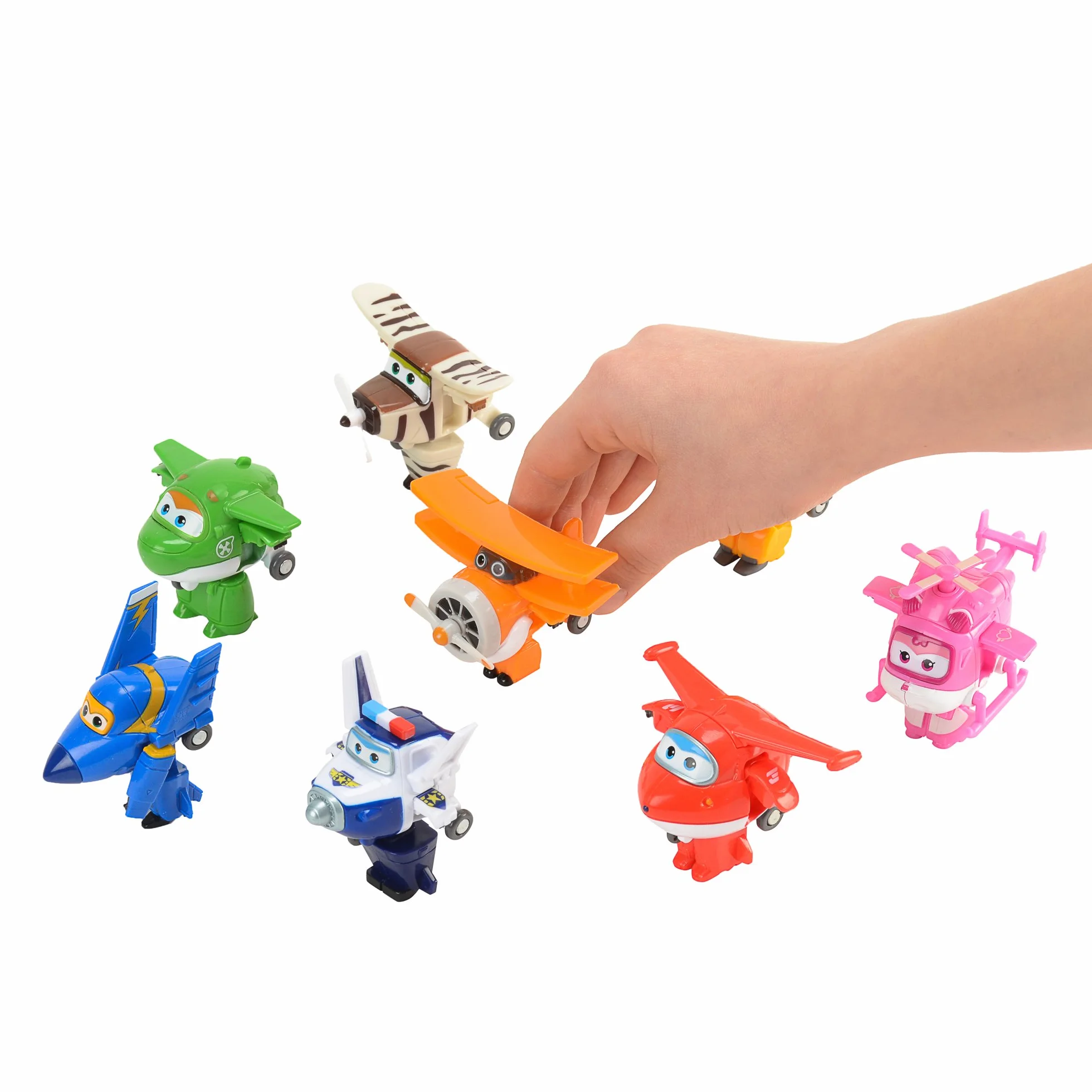 SUPER WINGS - WORLD AIRPORT CREW - 8-PART TRANSFORM-A-BOTS SET + figurki PVC x7 - Transformowalne zabawkowe samoloty i figurki robotów z 1 sezonu serialu animowanego Super Wings.