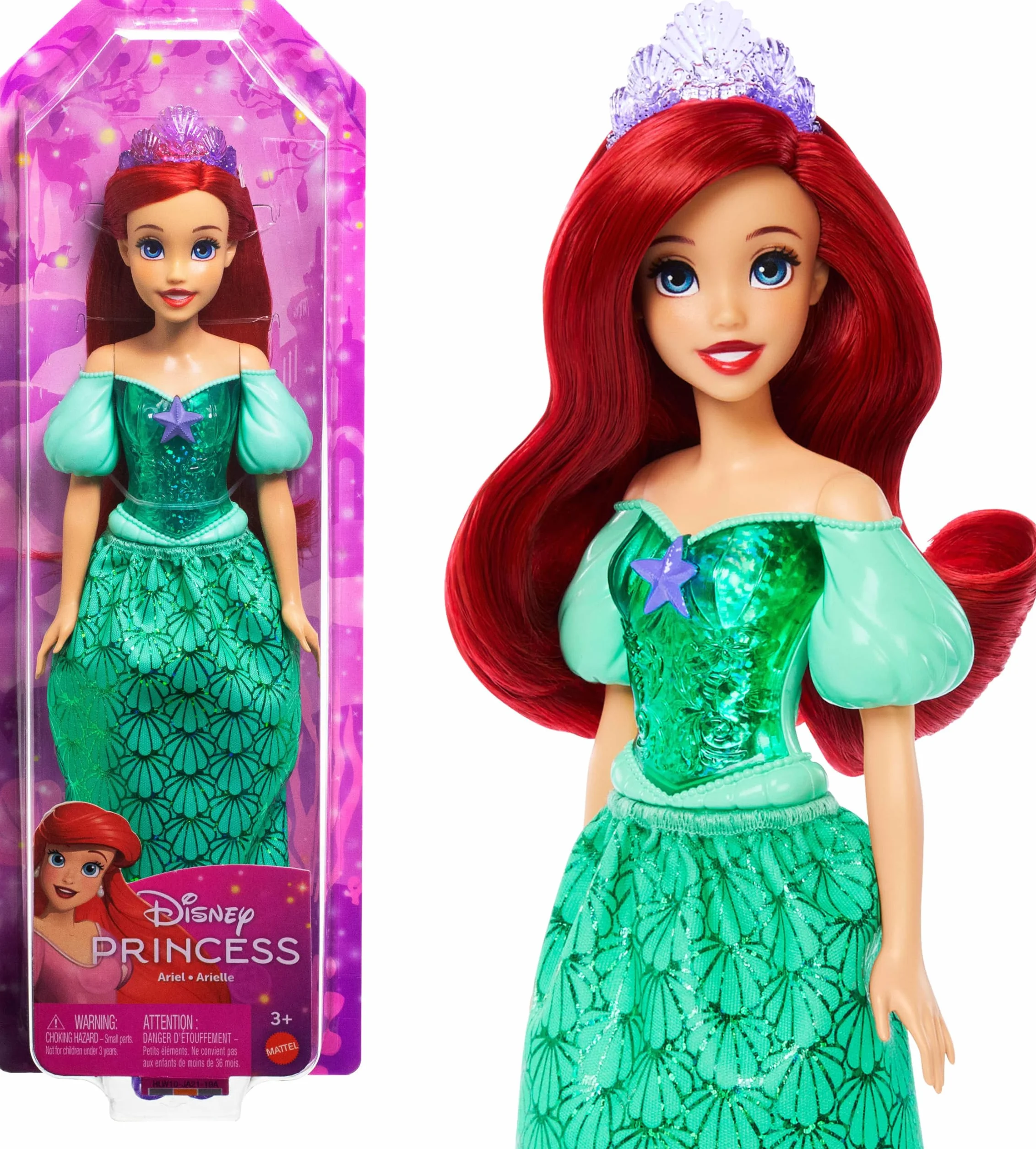 Mattel Księżniczka Disneya Arielka Lalka z punktami zgięcia, błyszczącym ubrankiem i akcesoriami inspirowanymi filmem Disneya, prezent dla dzieci HLW10