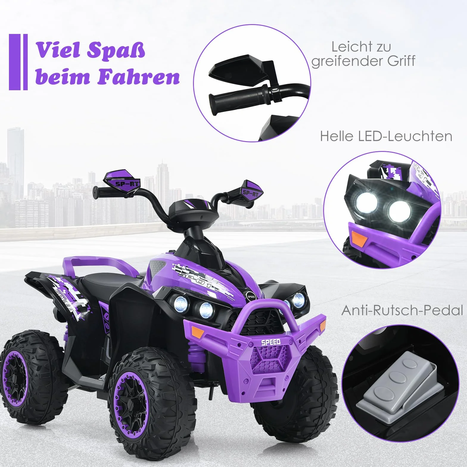 COSTWAY Elektryczny quad dziecięcy 12V z muzyką, klaksonem i LED, 2,2-4,3 km/h, dla dzieci od 3 lat fioletowy