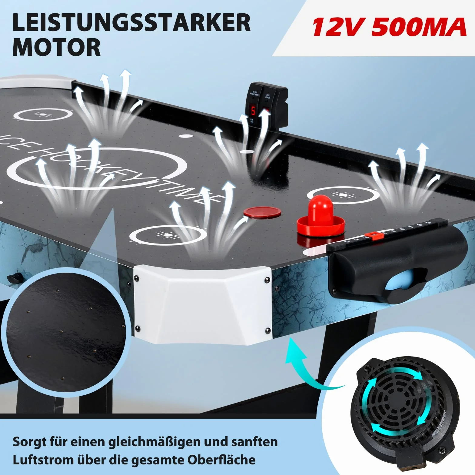 COSTWAY Elektryczny stół do gry w hokeja na Airhokej, z wyświetlaczem LED i silnikiem 12 V, stół hokejowy z 2 krążkami i 2 suwakami, dla dzieci i dorosłych, 144 x 68 x 79 cm