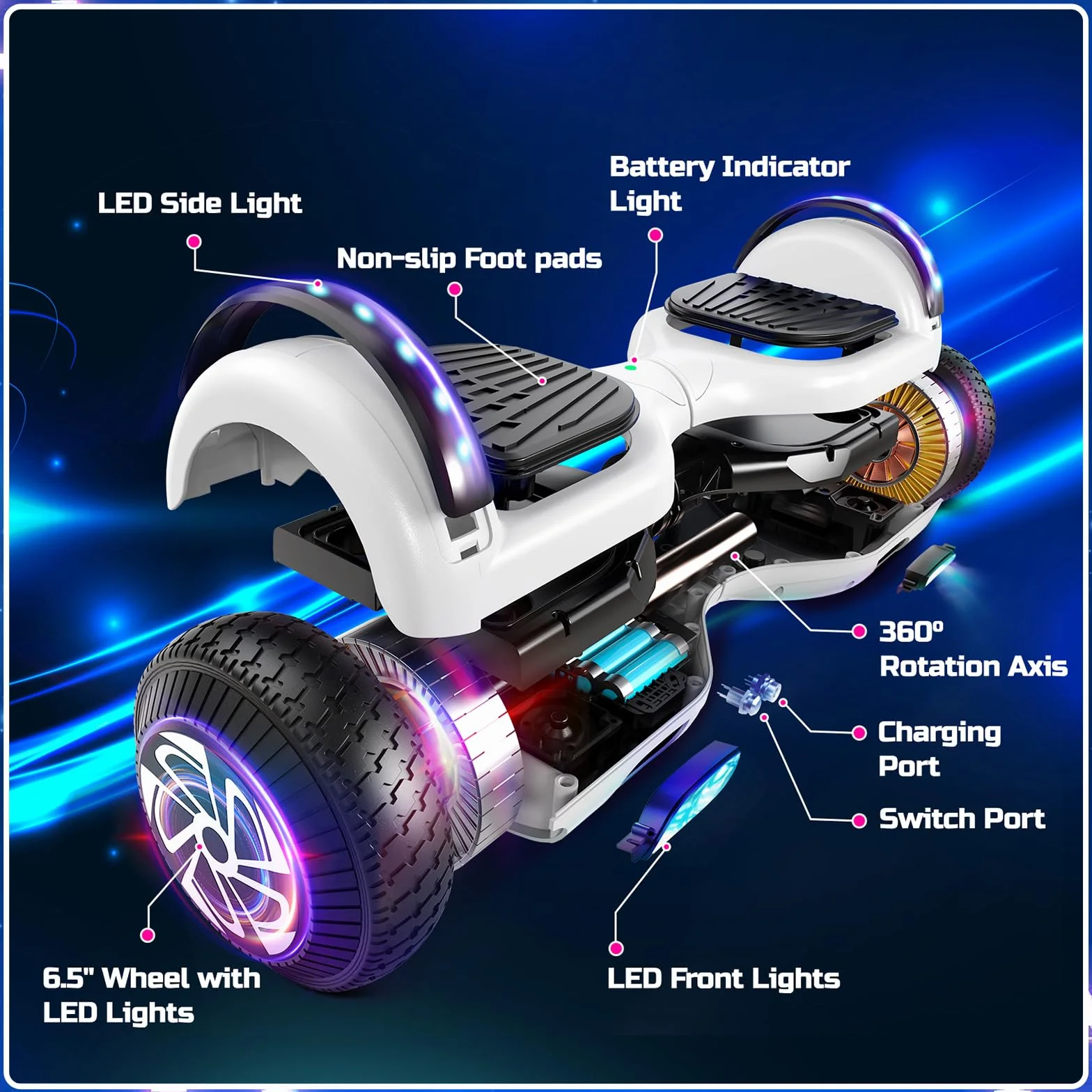 Hoverboard 6.5" Overboard Hover Borad ze światłami LED/Bluetooth, deskorolka hoverboards, prezent dla dzieci