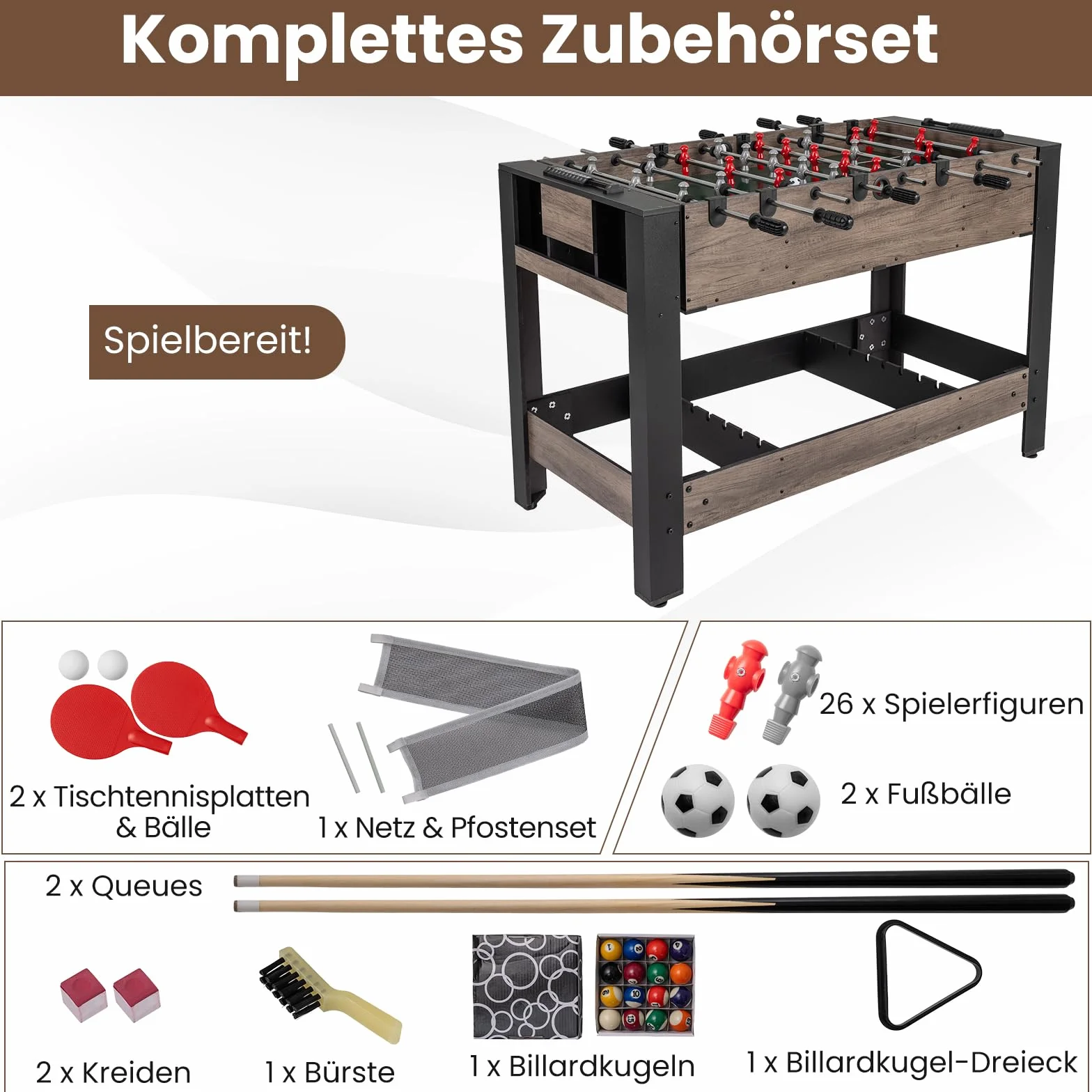 COSTWAY Wielofunkcyjny stół do gry 3 w 1, obrotowy, wielofunkcyjny stół do gry w piłkarzyki, bilard i tenis stołowy, kompletny zestaw z akcesoriami do pokoju zabaw, baru, stołu do gry w piłkarzyki dla