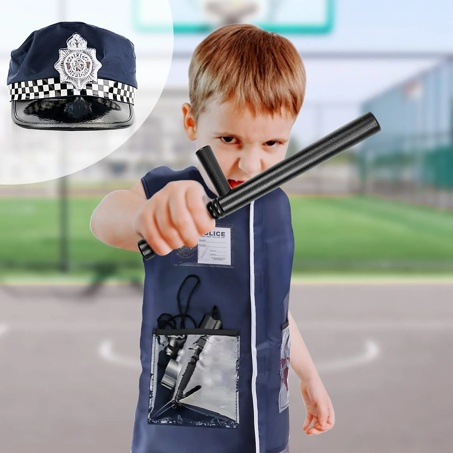 deAO Zestaw małego policjanta z czapką, strzelbą, zabawkowymi granatami oraz wiele więcej gadżetów sił specjalnych - idealny zestaw dla dzieci