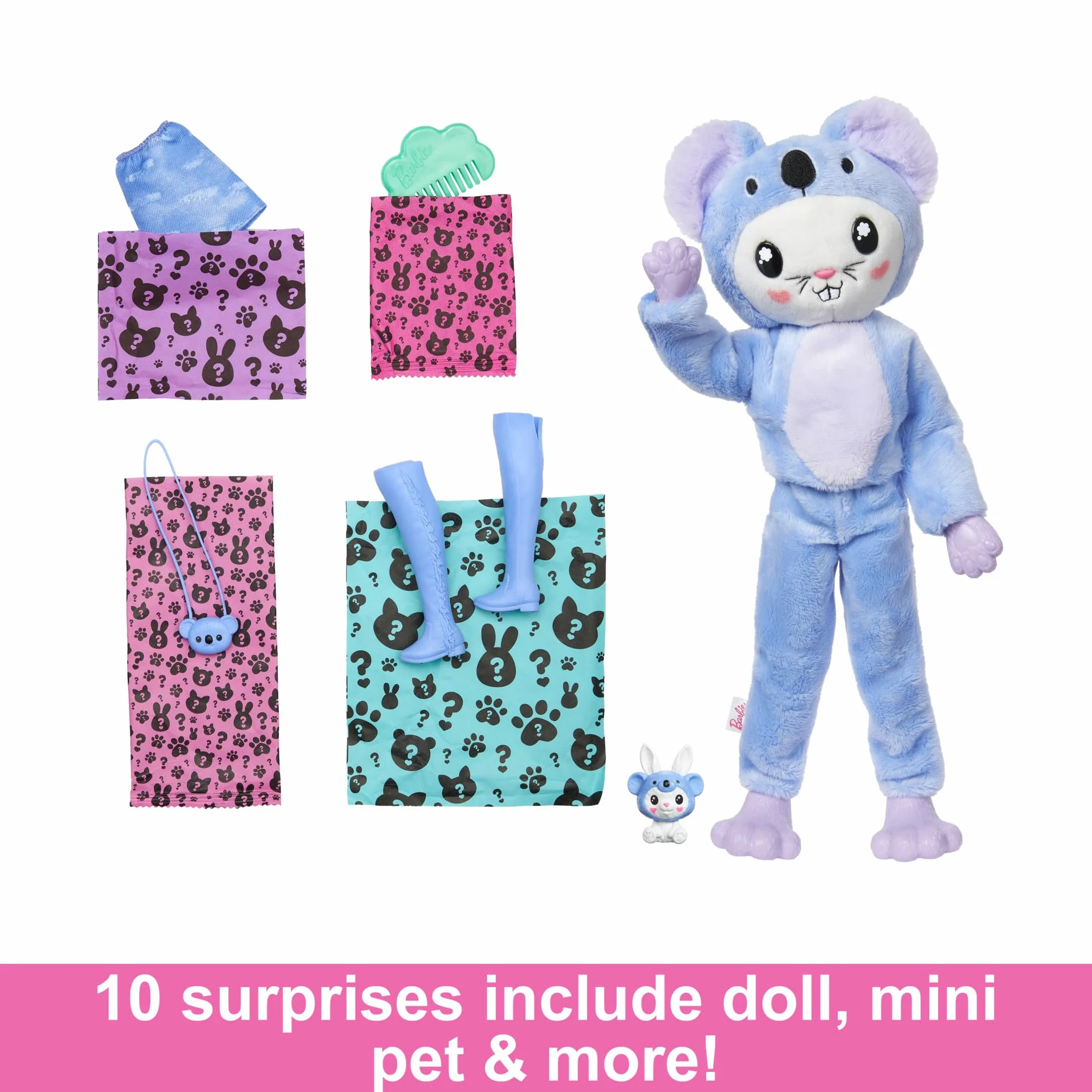 Barbie Cutie Reveal Seria Kostiumy Zwierzaczki Lalka w kostiumie króliczka przebranego za koalę z 10 niespodziankami, w tym zmianą koloru, HRK26