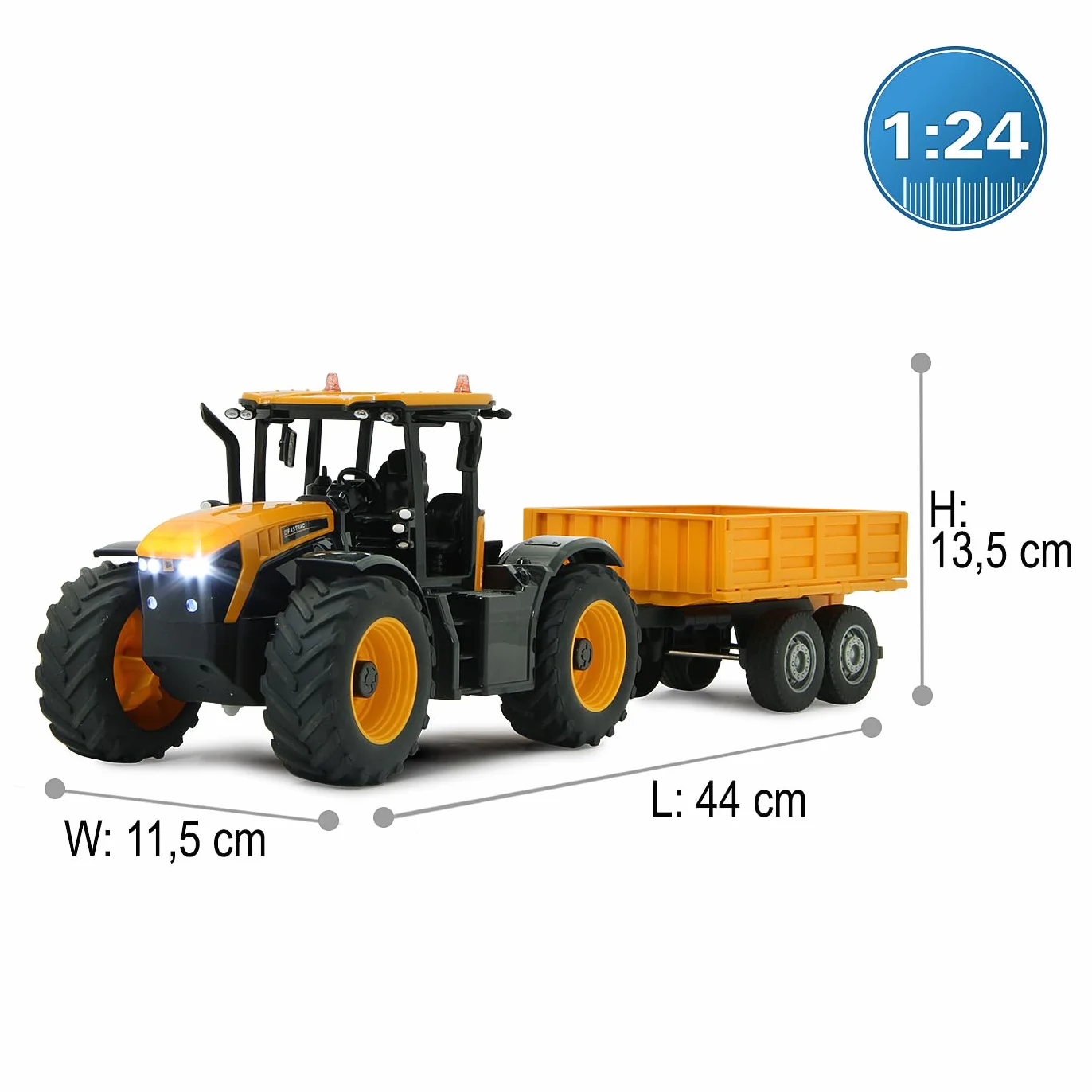 JAMARA JCB Fastrac traktor z przyczepą uchylną 1:24 2,4 GHz – napęd na 2 koła, profilowane opony gumowe, światło LED, rolnictwo