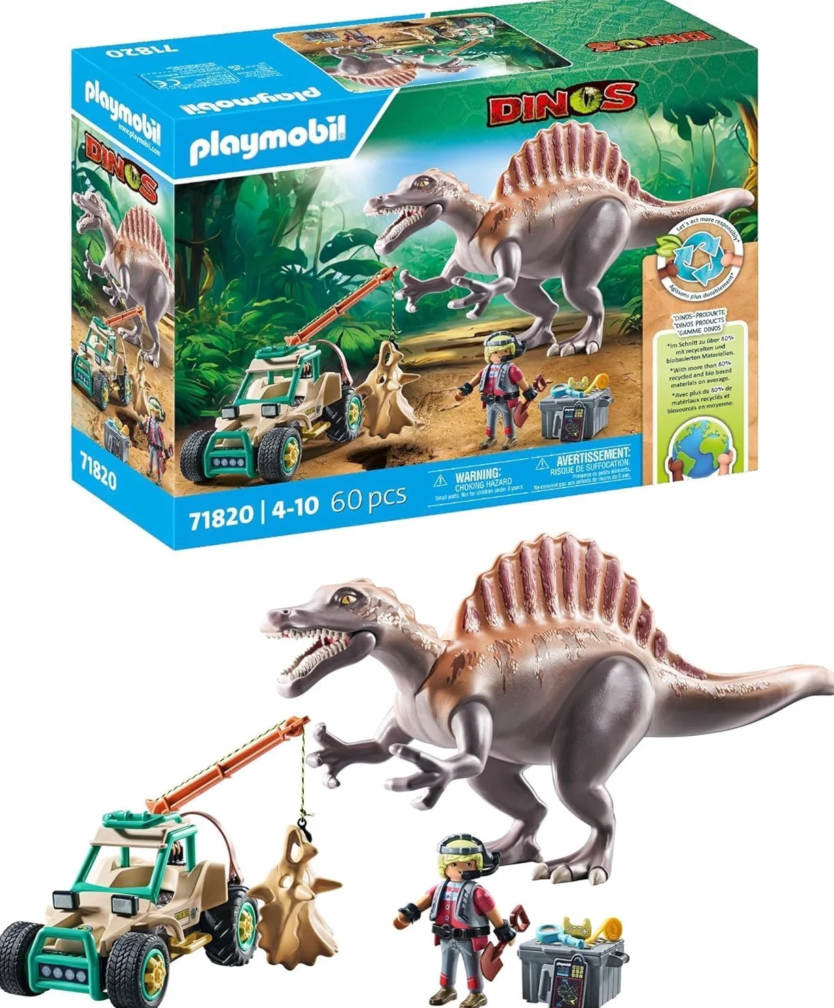 PLAYMOBIL | Dinos | Atak Spinozaura na Wykopaliska Dinozaurów | Zestaw dinozaurów | Zabawka akcji | Zabawka przygoda dla dzieci od 4. roku życia | 71820