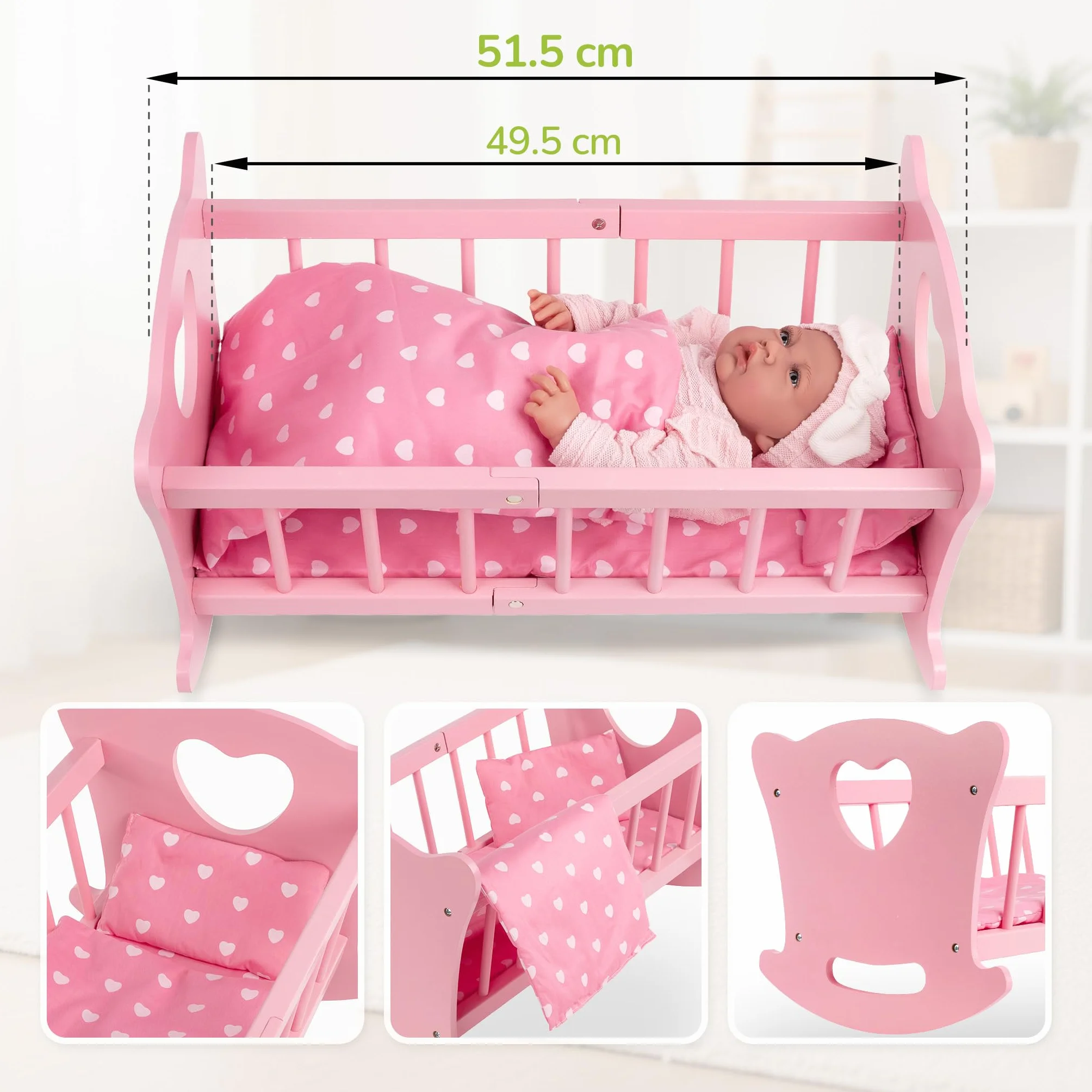 Kinderplay Łóżeczko dla Lalki, Kołyska dla lalki – Zestaw Kołyska plus Kołderka, Poduszeczka oraz Prześcieradło, dla laki o max. długości 49.5 cm., model GS2106 (GS2106)