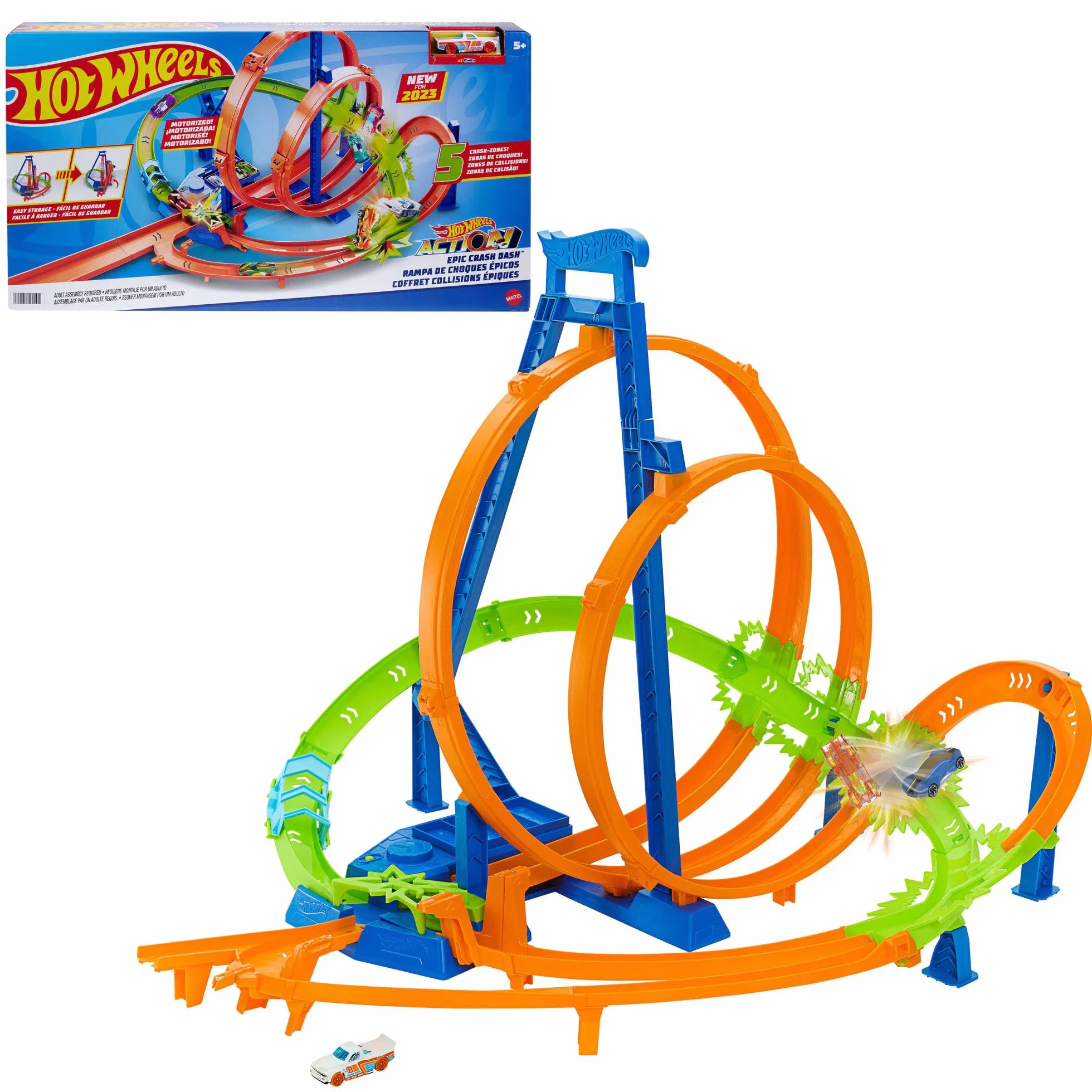 Hot Wheels - Epicka Pętla Kraks Zestaw z 5 strefami kraks, przyspieszaczem z napędem i 1 pojazdem Hot Wheels w skali 1:64, łatwe przechowywanie, HTP55