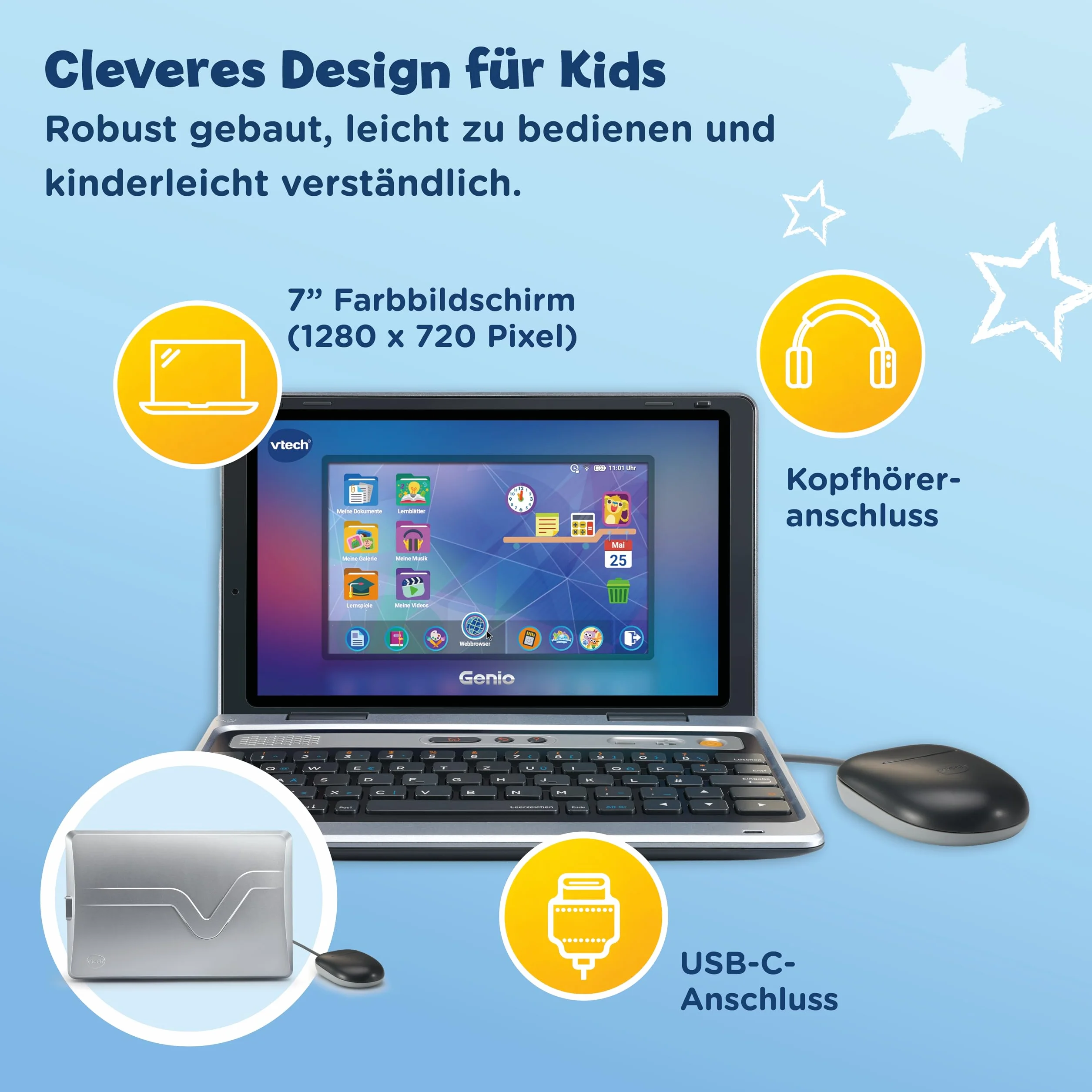 VTech Genio learning laptop XL - komputer edukacyjny z dużym 7" ekranem LCD z dostępem do Internetu, programem tekstowym i dużą ilością treści edukacyjnych - dla dzieci w wieku 5-12 lat, szary
