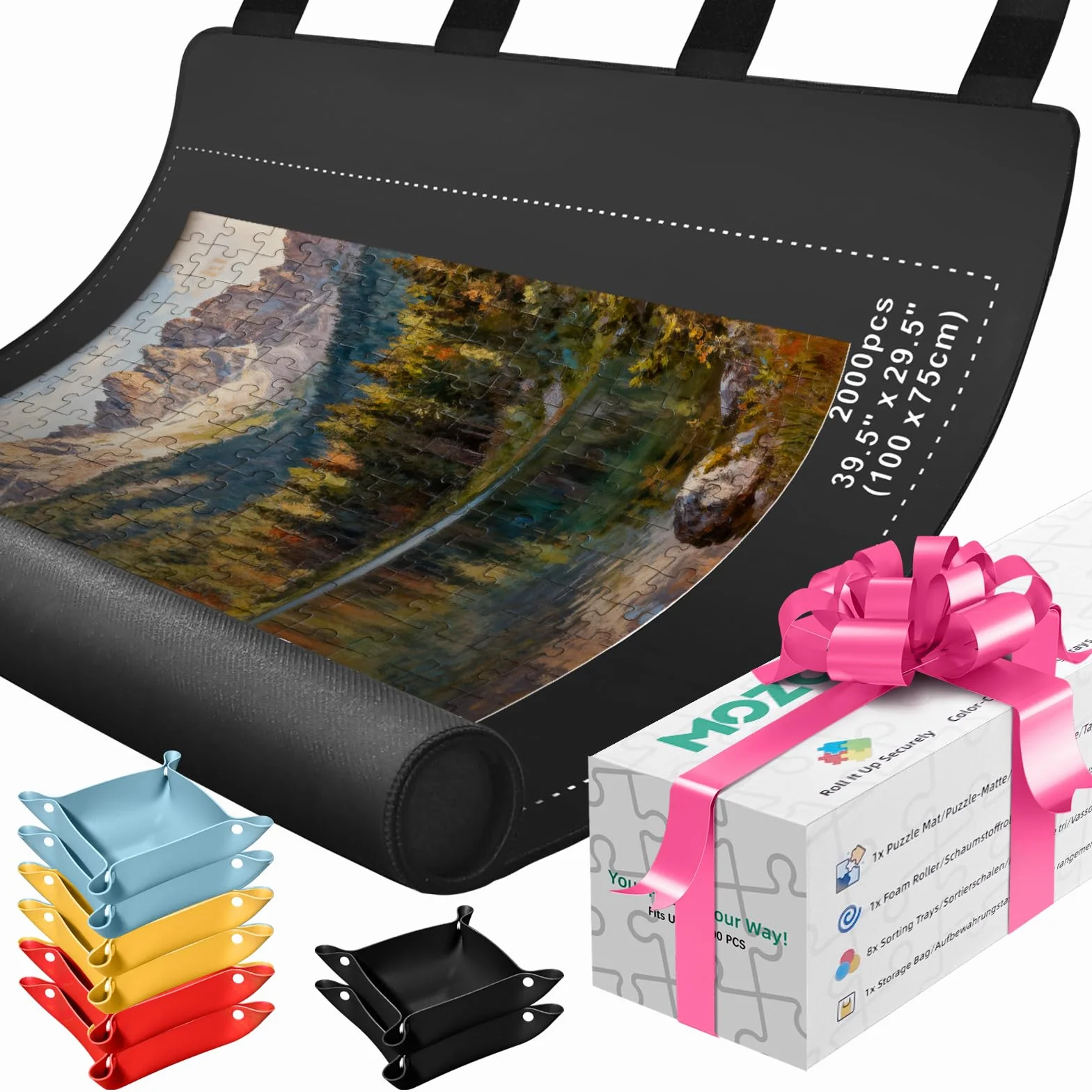 MOZOOSON Zwijana mata do puzzli 2000 sztuk - kompletny zestaw z 8 tackami, etui na prezent - gumowa mata 80 x 120 cm do przechowywania i transportu, na 1000/1500/2000 sztuk
