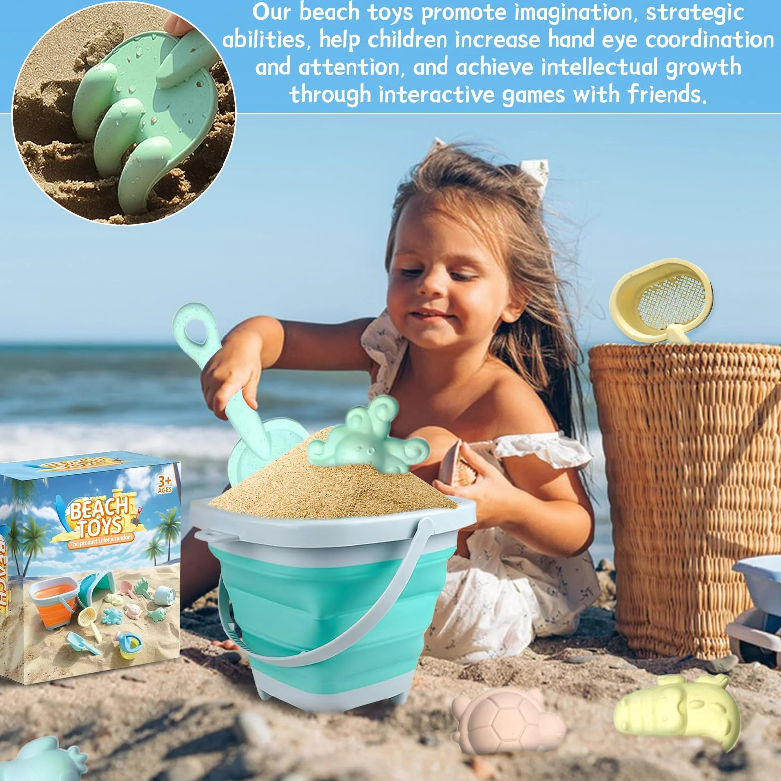Zestaw Zabawek Plażowych 11-Sztuk ze Składanym Wiadrem dla Dzieci