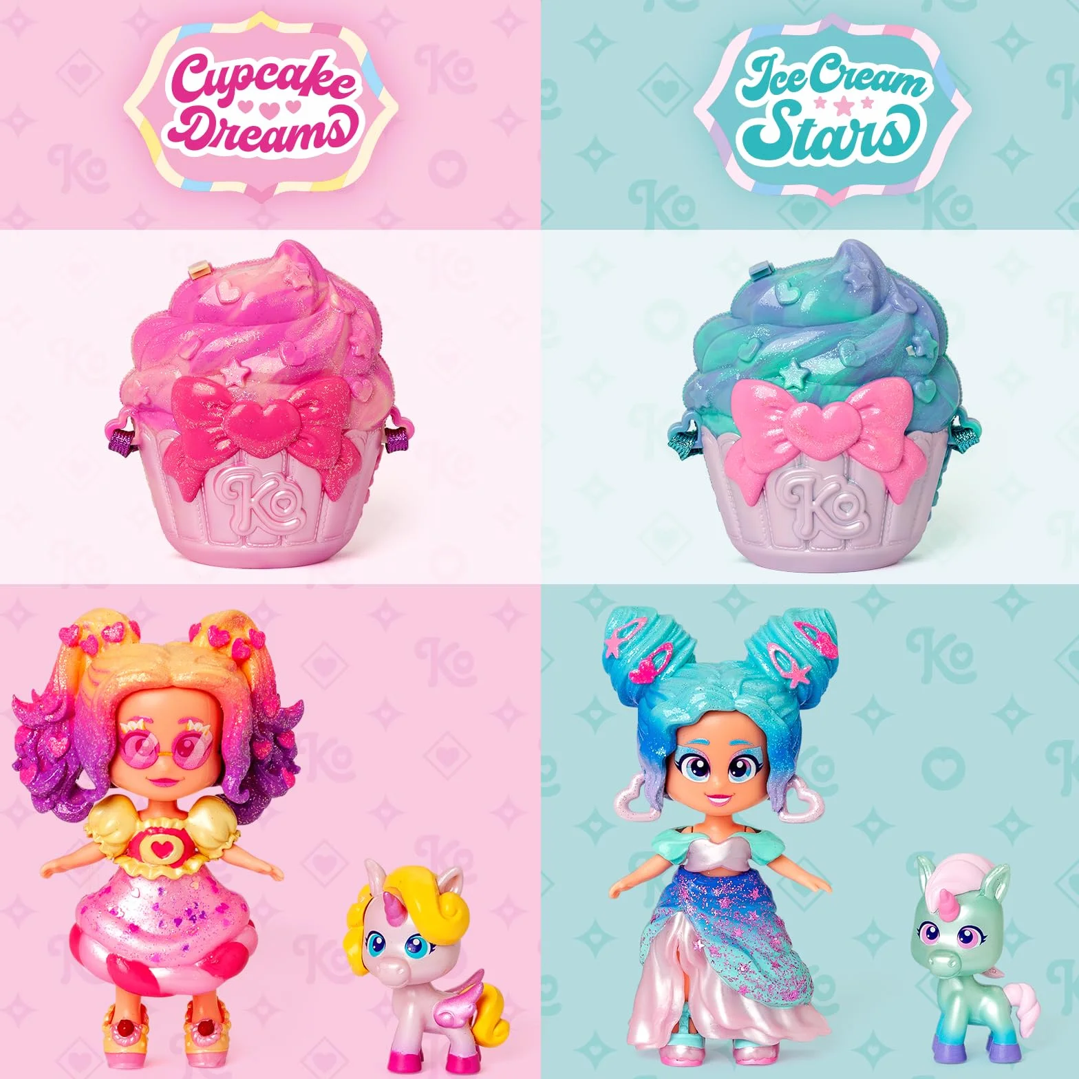 KOOKYLOOS CANDY LAND ICE CREAM STARS – 3 w 1 słodka stylowa lalka,zawartość:1 laleczka,3 stroje,2 pary bucików, mały jednorożec,przekąska, akcesoria Mix&Match i niebiesko-turkusowa torebka babeczka.