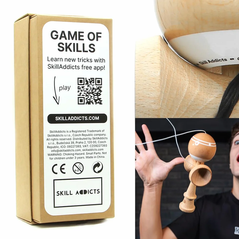 Kendama - drewno (do każdego poziomu umiejętności, łącznie z zestawem naklejek, zapasowym sznurkiem i aplikacją do nauki sztuczek)
