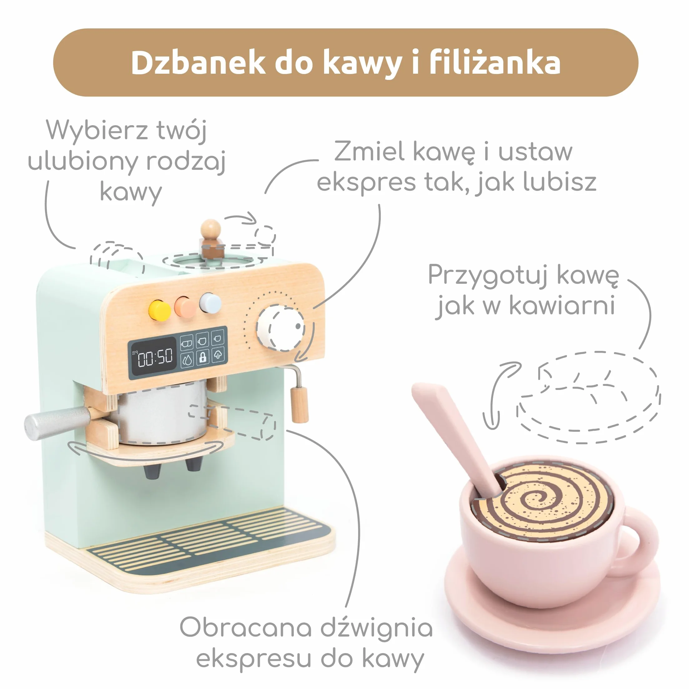 UMU Drewniany ekspres do kawy dla dzieci, akcesoria kuchenne do zabawy dla małych dzieci, zestaw do odgrywania ról, spersonalizowana drewniana zabawka dla dzieci od 3 lat